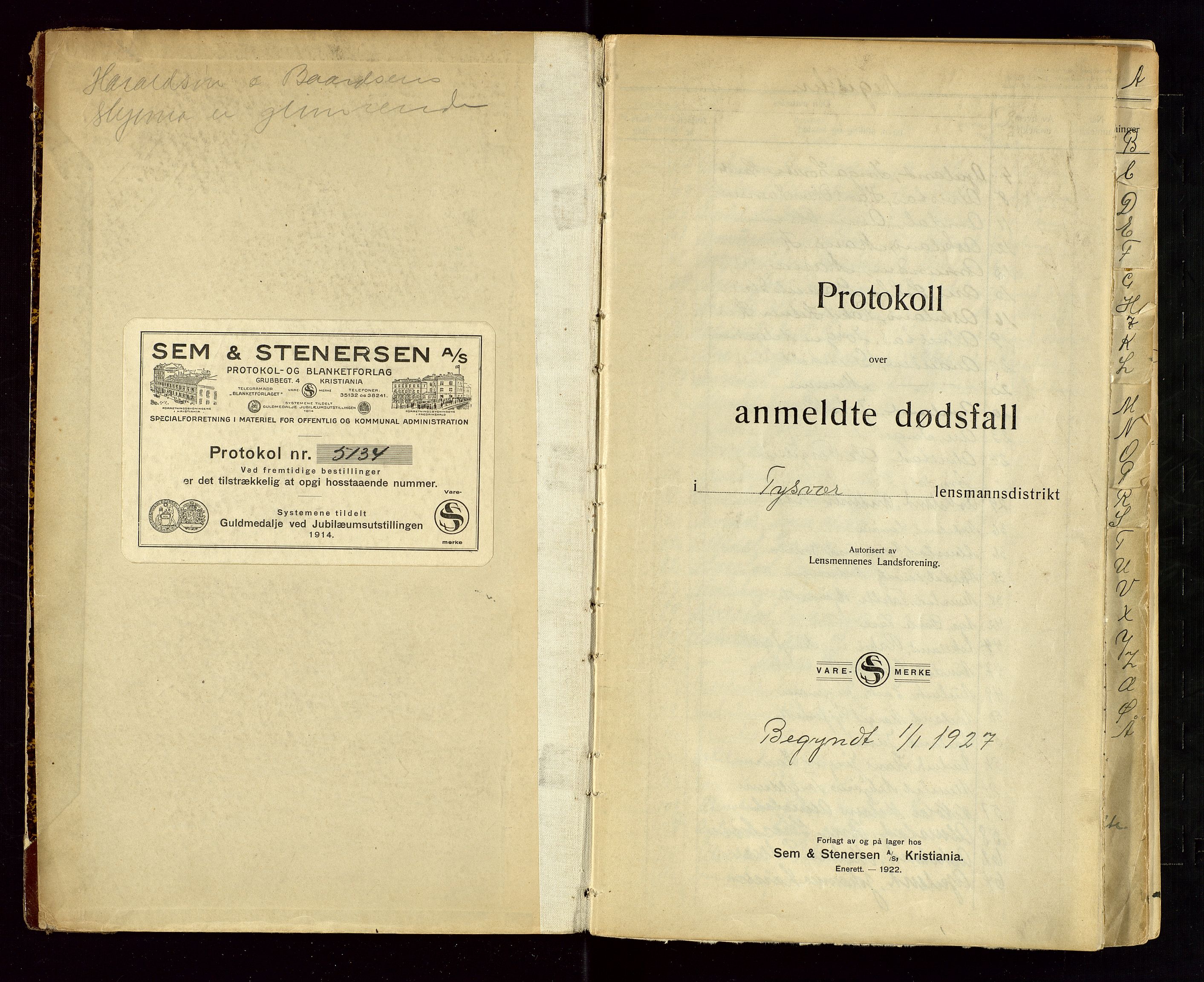 Tysvær lensmannskontor, AV/SAST-A-100192/Gga/L0004: "Protokol over anmeldte dødsfall i Tysvær lensmanndsdistrikt" med register, 1927-1949