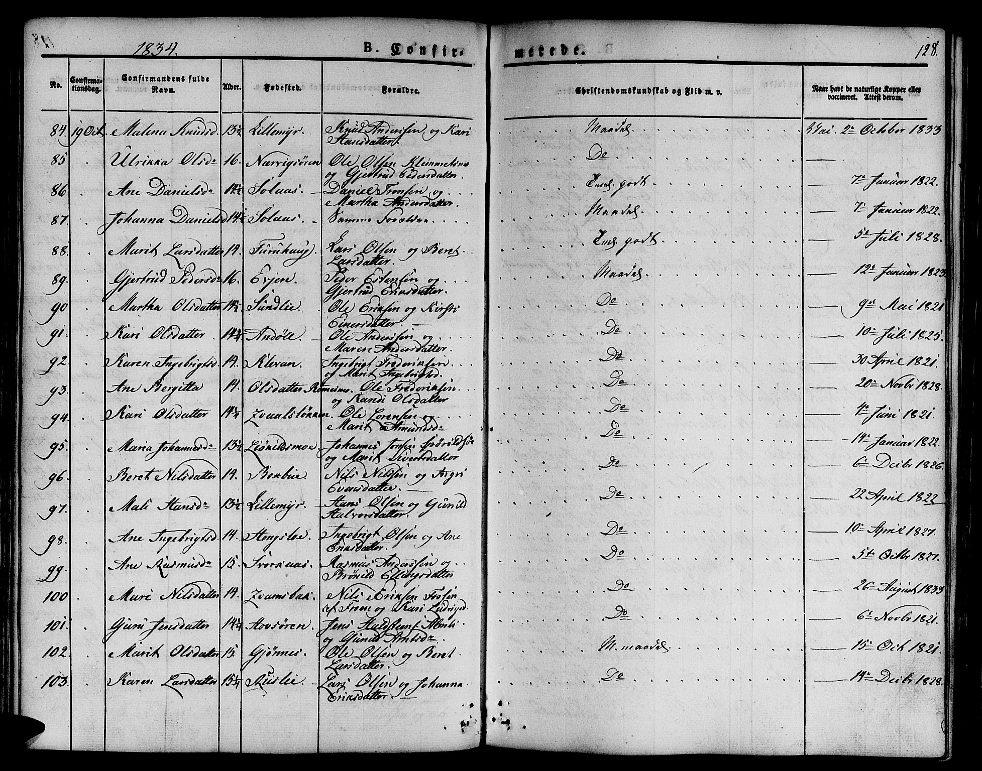 Ministerialprotokoller, klokkerbøker og fødselsregistre - Sør-Trøndelag, SAT/A-1456/668/L0804: Parish register (official) no. 668A04, 1826-1839, p. 128