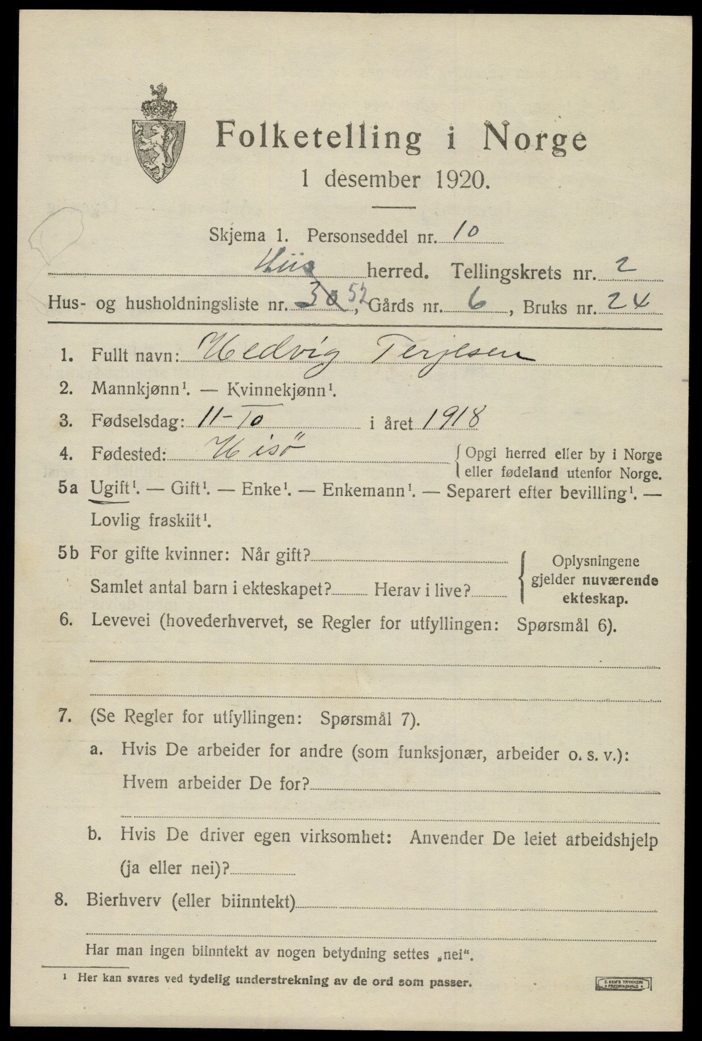 SAK, 1920 census for Hisøy, 1920, p. 3970