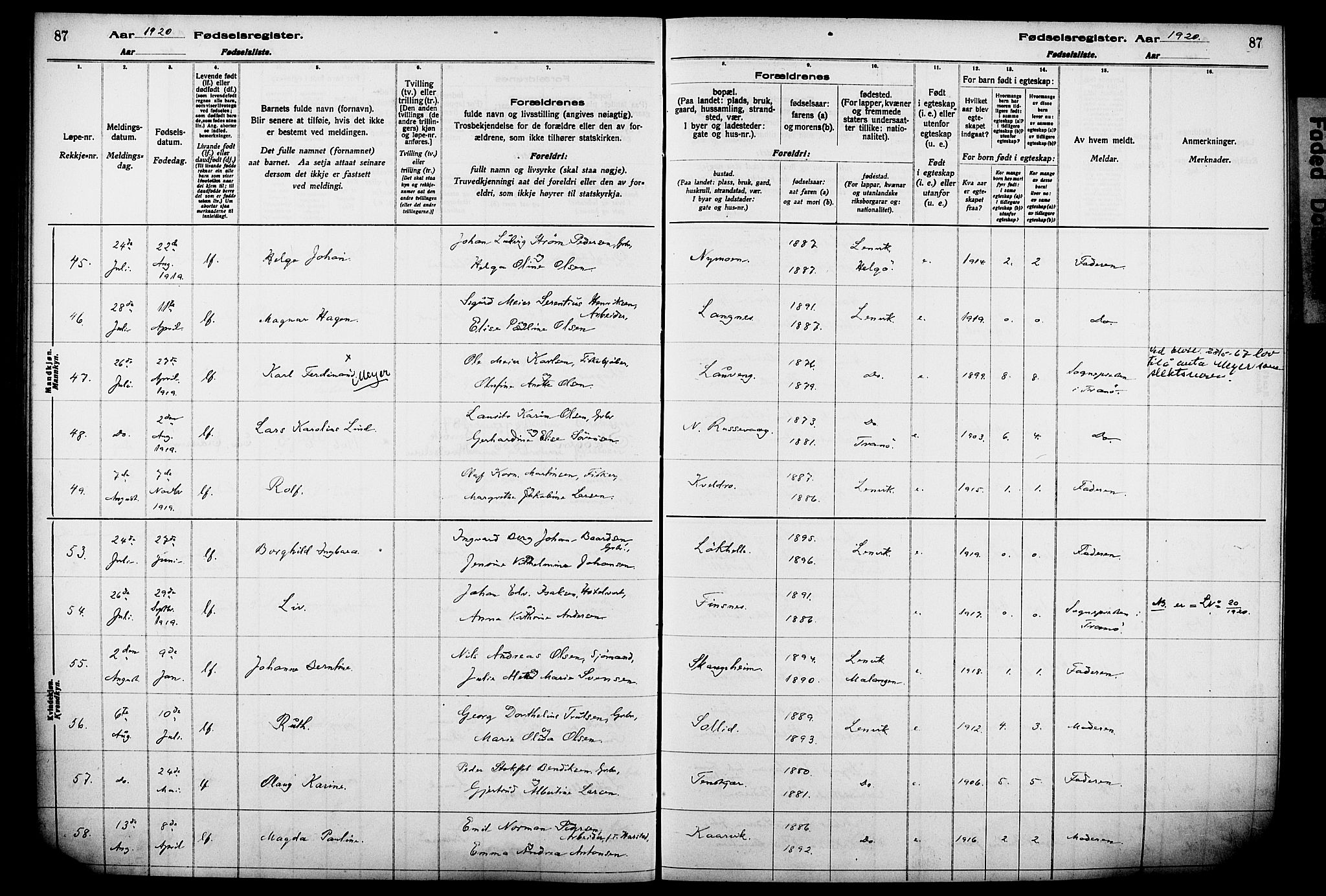 Lenvik sokneprestembete, SATØ/S-1310/I/Ic/L0089: Birth register no. 89, 1916-1926, p. 87