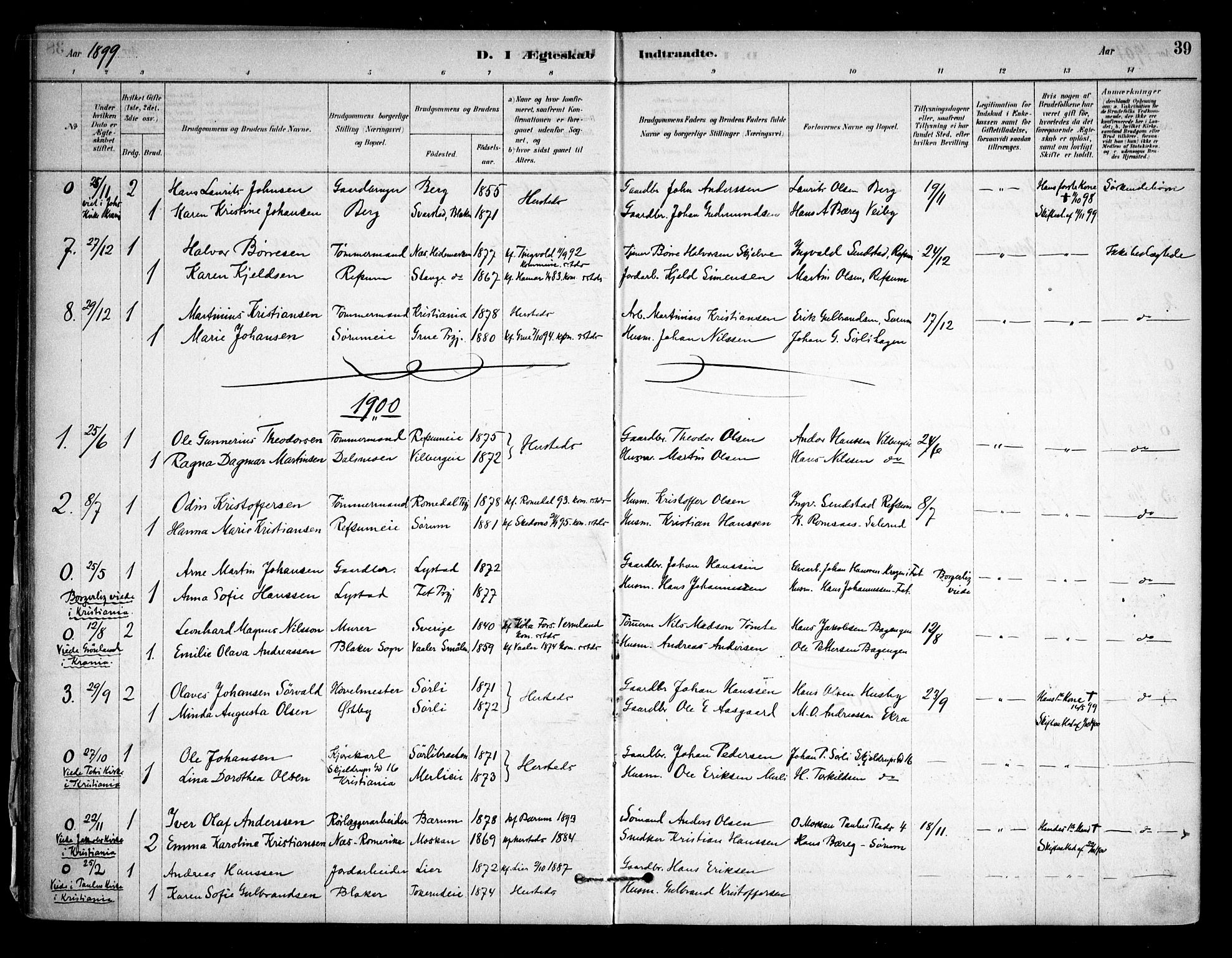 Sørum prestekontor Kirkebøker, AV/SAO-A-10303/F/Fa/L0008: Parish register (official) no. I 8, 1878-1914, p. 39