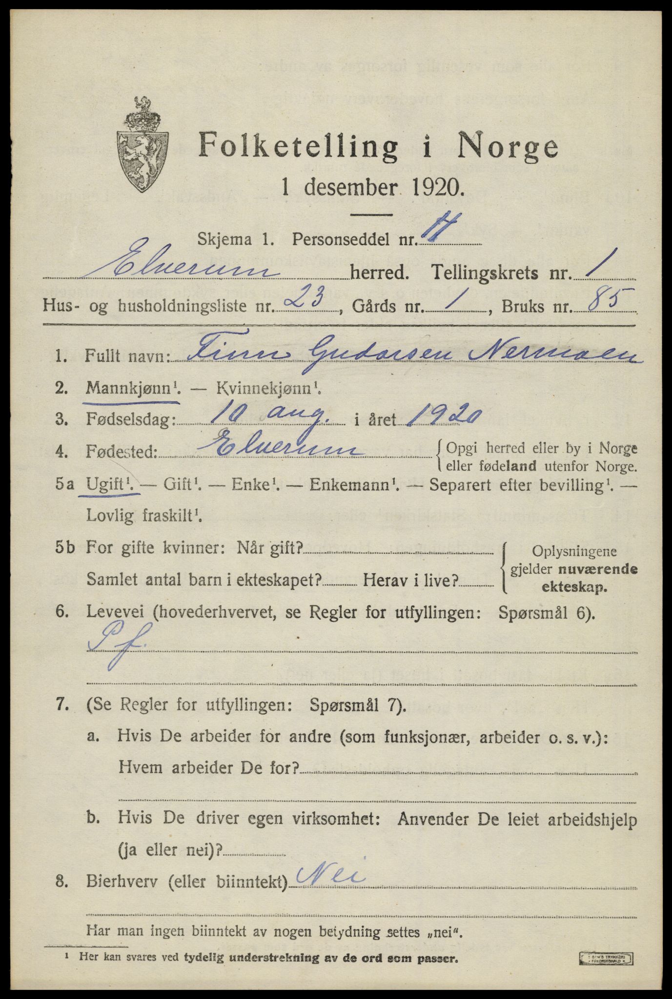 SAH, 1920 census for Elverum, 1920, p. 4038