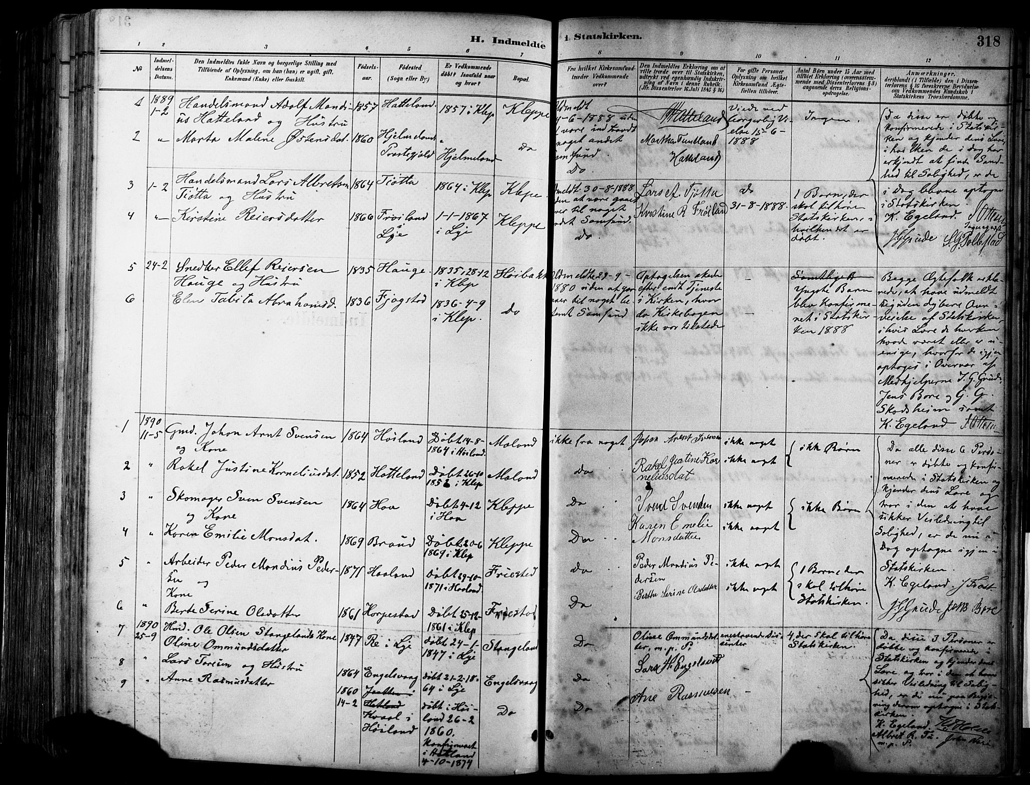 Klepp sokneprestkontor, SAST/A-101803/001/3/30BA/L0009: Parish register (official) no. A 7, 1886-1915, p. 318