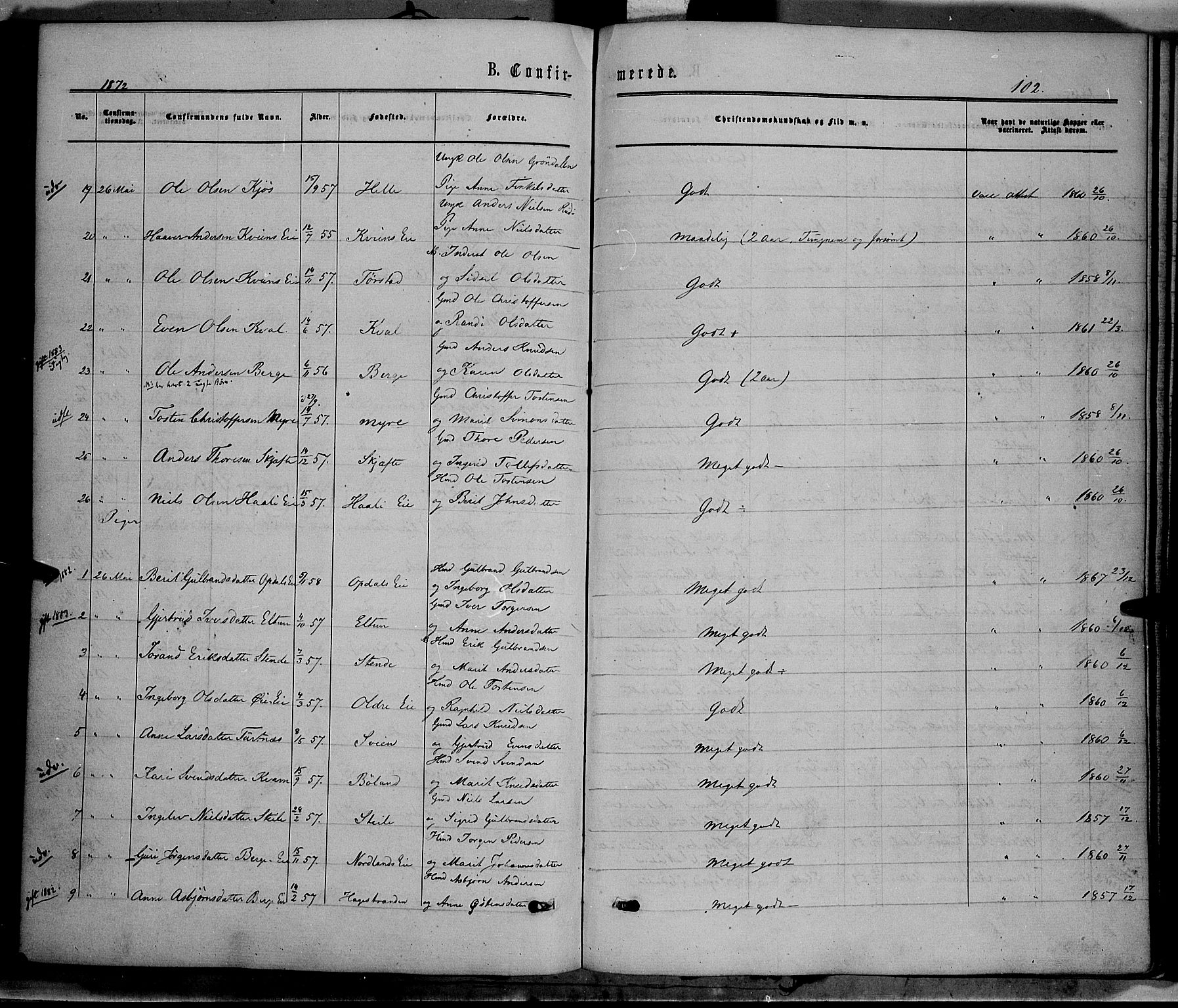 Vang prestekontor, Valdres, SAH/PREST-140/H/Ha/L0007: Parish register (official) no. 7, 1865-1881, p. 102