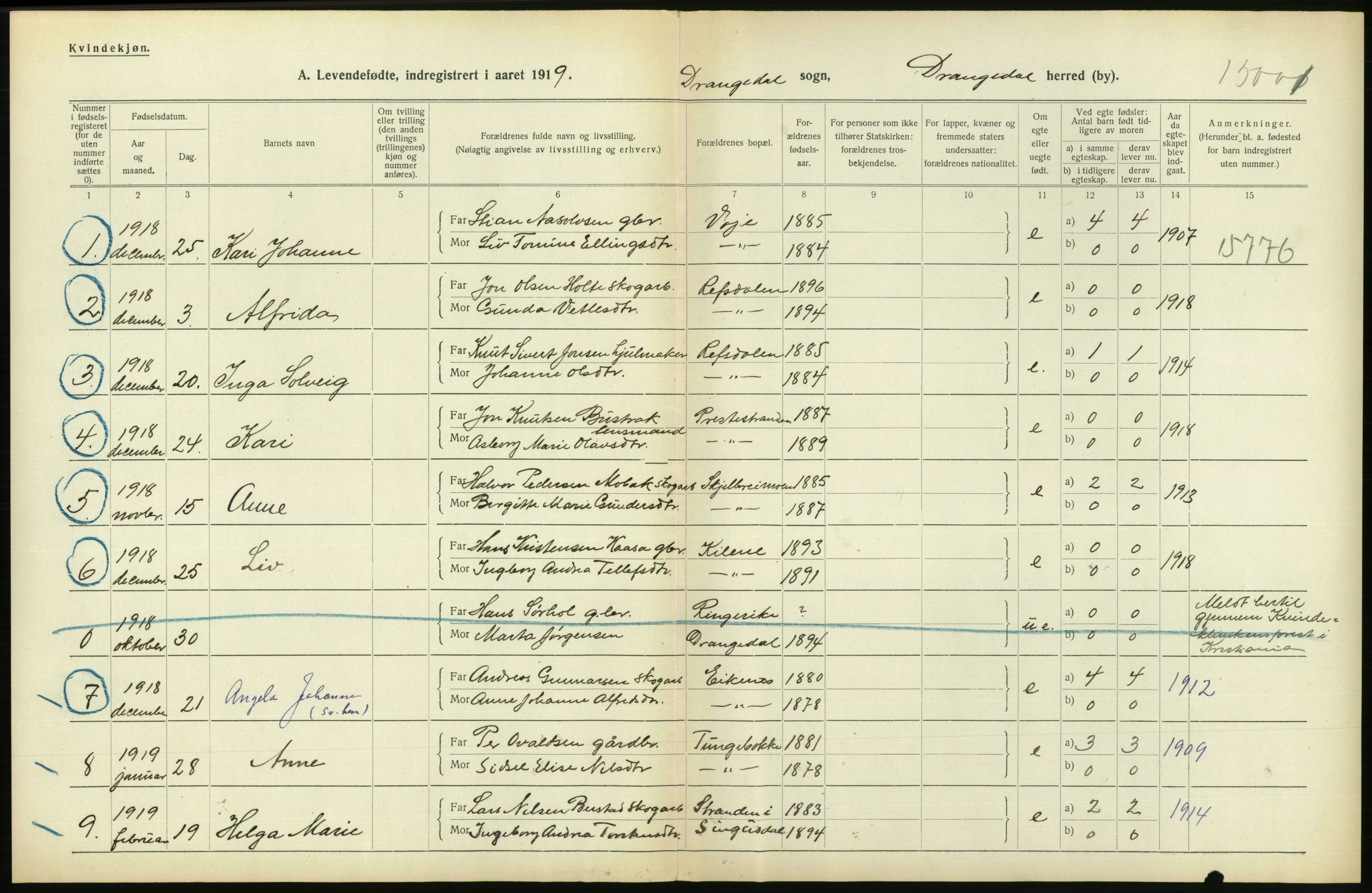 Statistisk sentralbyrå, Sosiodemografiske emner, Befolkning, AV/RA-S-2228/D/Df/Dfb/Dfbi/L0021: Telemark fylke: Levendefødte menn og kvinner. Bygder., 1919, p. 226