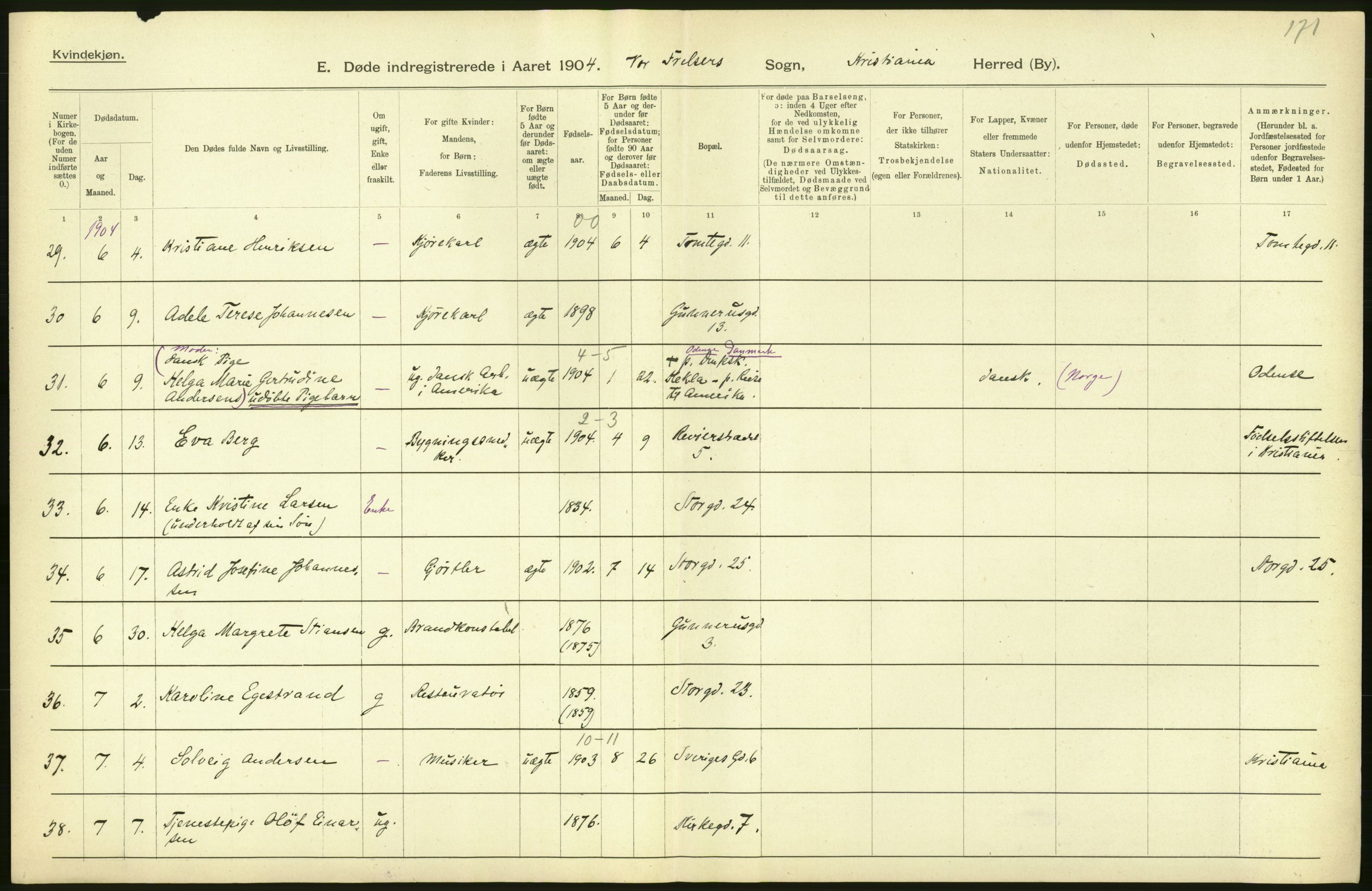 Statistisk sentralbyrå, Sosiodemografiske emner, Befolkning, AV/RA-S-2228/D/Df/Dfa/Dfab/L0004: Kristiania: Gifte, døde, 1904, p. 484