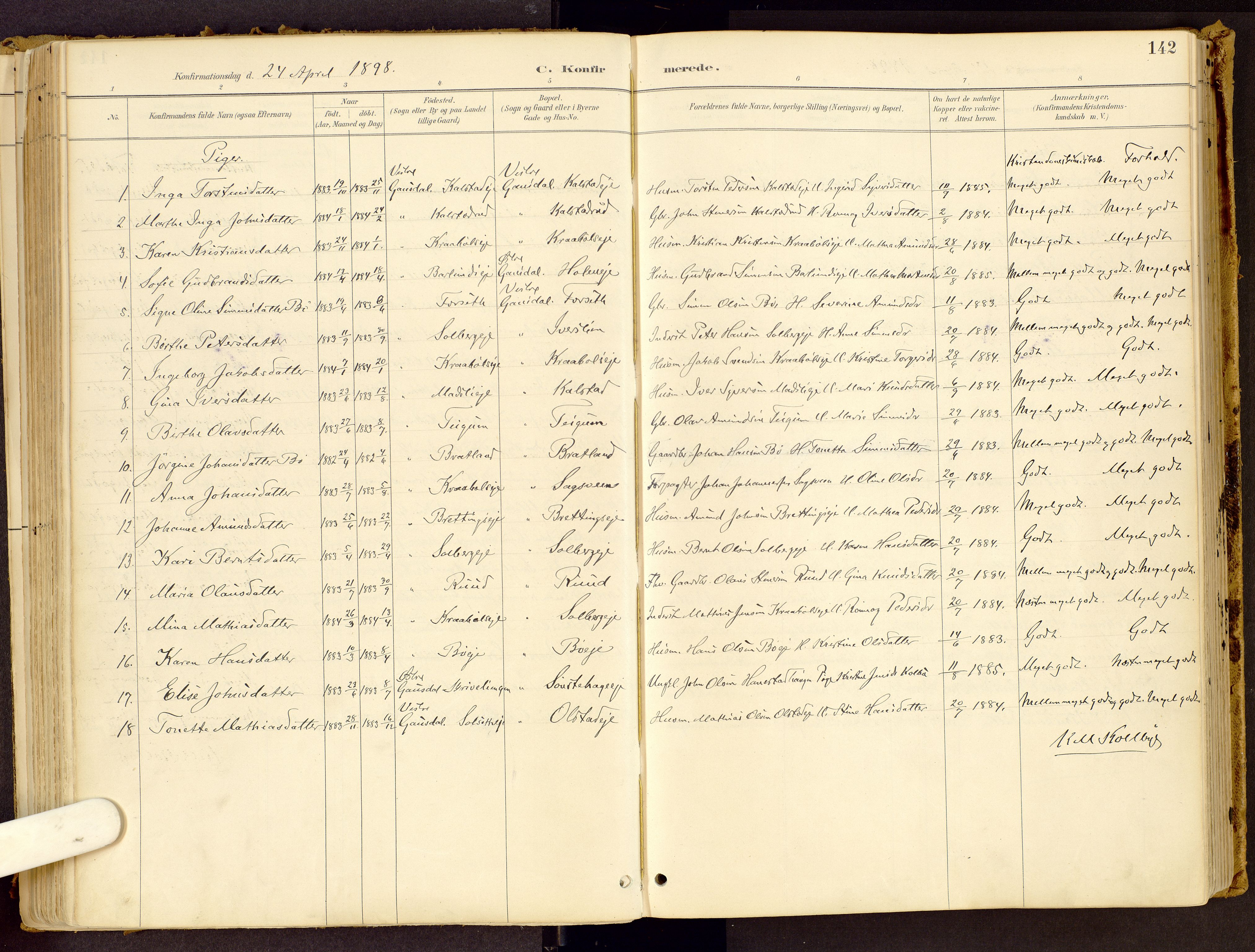 Vestre Gausdal prestekontor, SAH/PREST-094/H/Ha/Haa/L0001: Parish register (official) no. 1, 1887-1914, p. 142