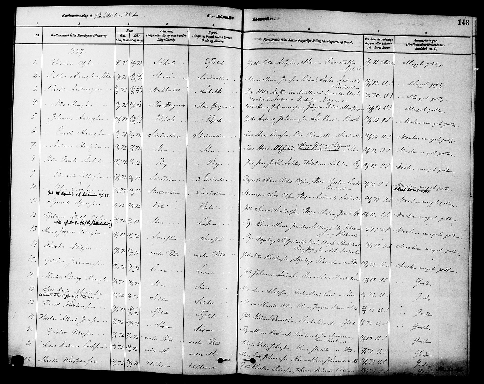 Hole kirkebøker, AV/SAKO-A-228/F/Fa/L0008: Parish register (official) no. I 8, 1878-1891, p. 143