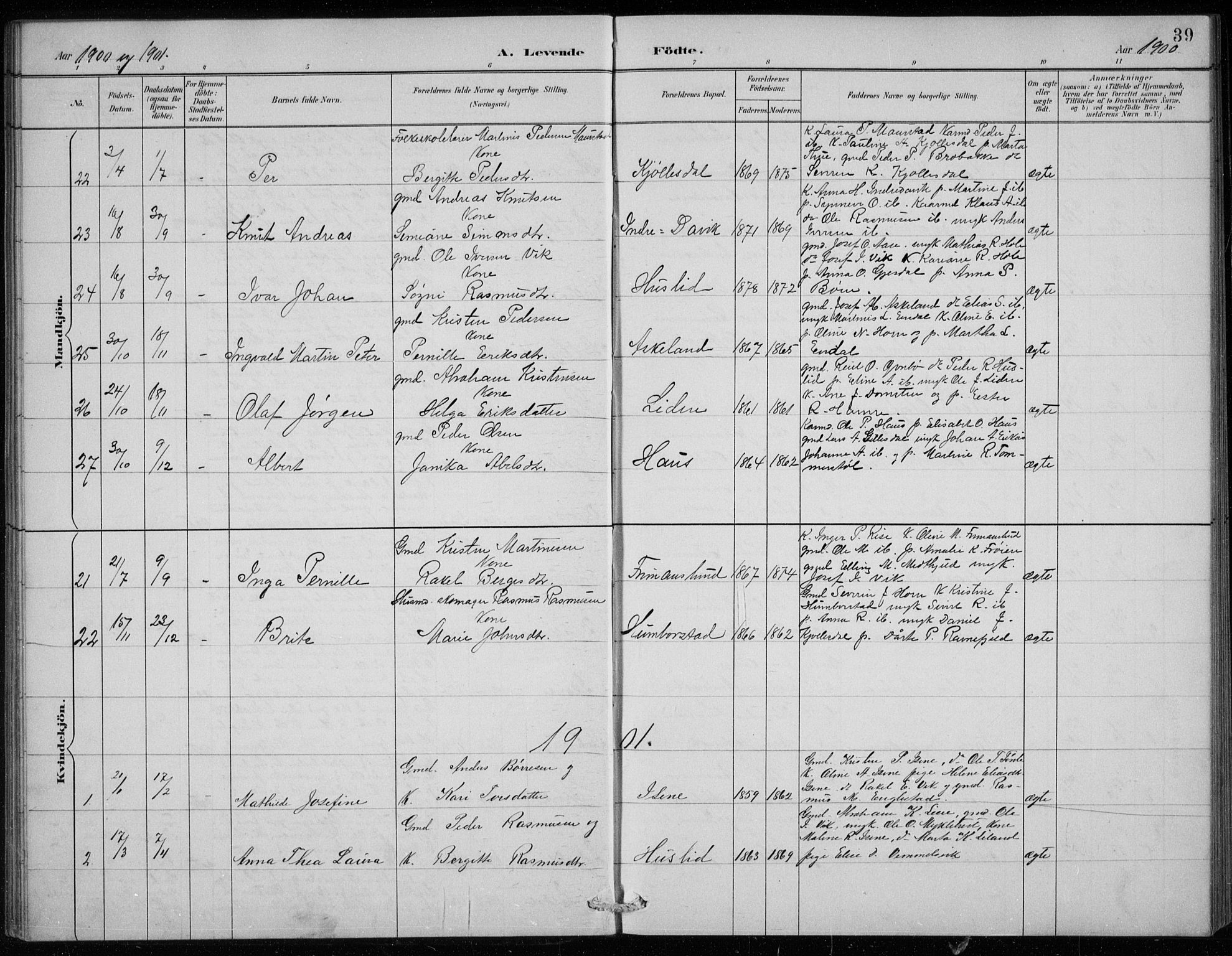 Davik sokneprestembete, AV/SAB-A-79701/H/Hab/Haba/L0002: Parish register (copy) no. A 2, 1890-1911, p. 39