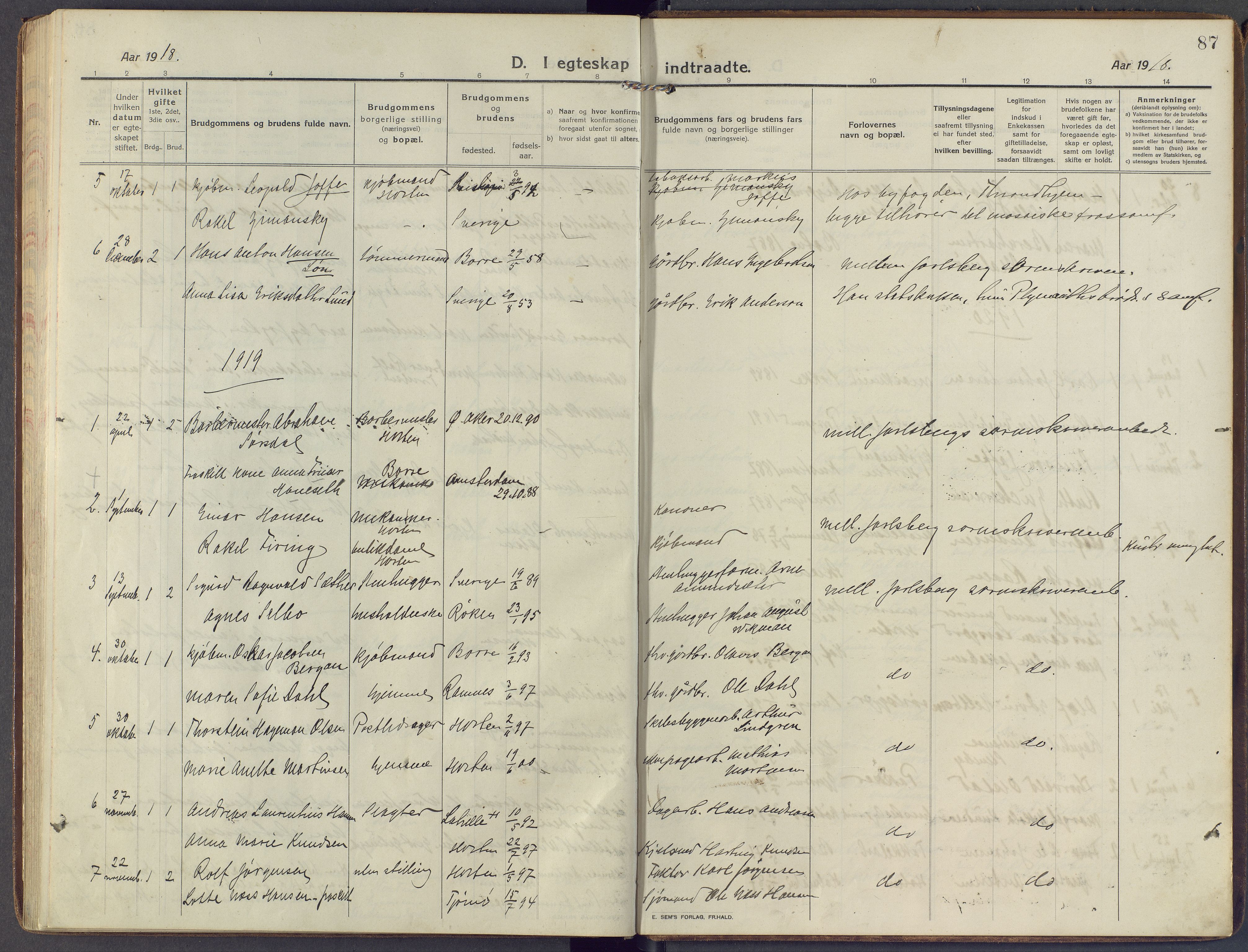 Horten kirkebøker, AV/SAKO-A-348/F/Fa/L0008: Parish register (official) no. 8, 1913-1924, p. 87
