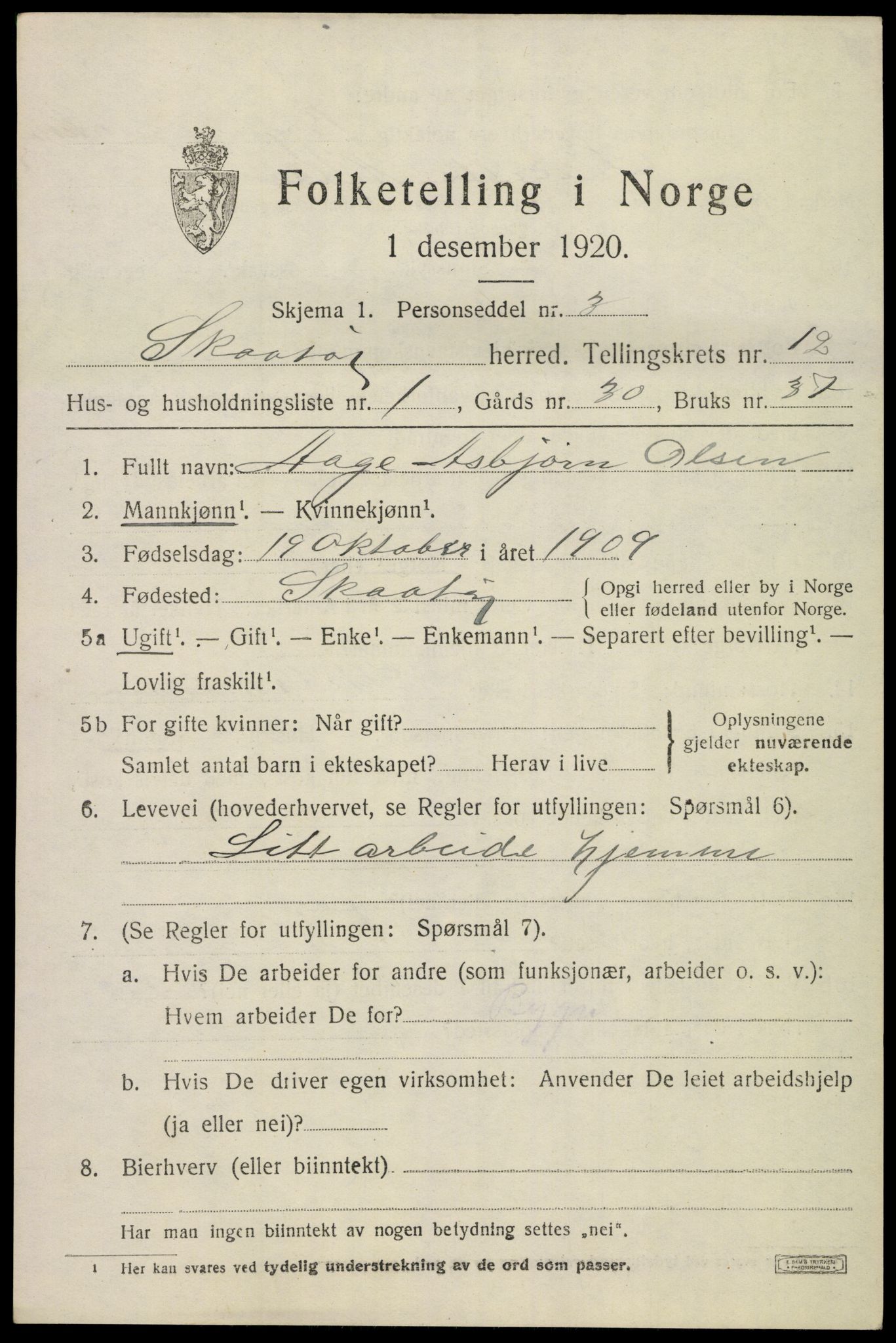 SAKO, 1920 census for Skåtøy, 1920, p. 8194