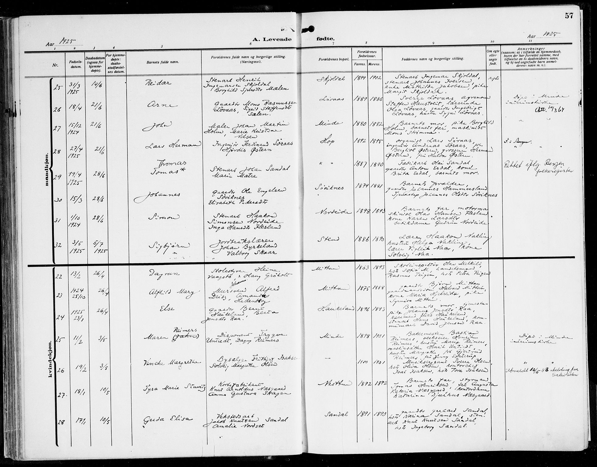 Fana Sokneprestembete, AV/SAB-A-75101/H/Haa/Haaj/L0001: Parish register (official) no. J 1, 1921-1935, p. 57