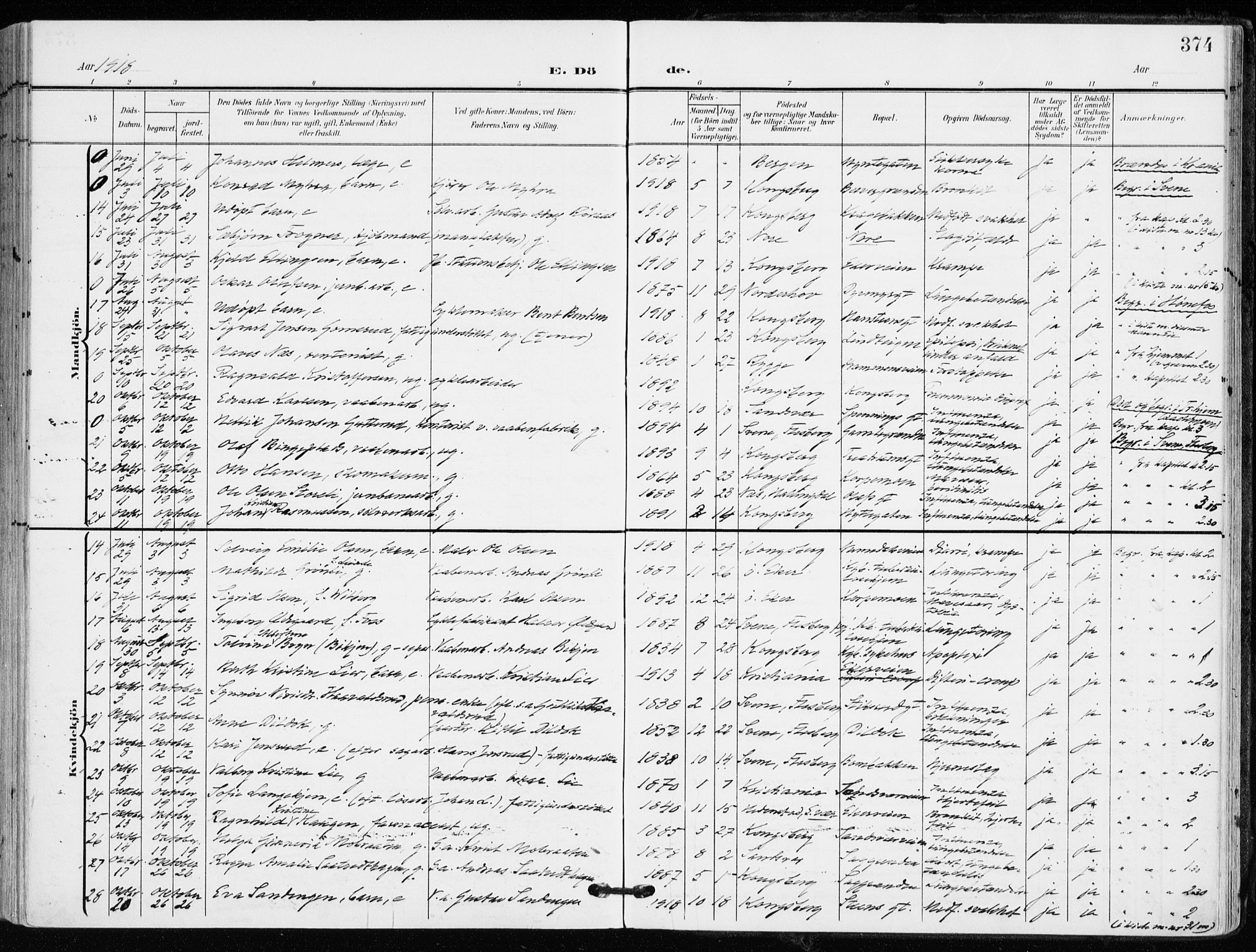 Kongsberg kirkebøker, AV/SAKO-A-22/F/Fb/L0004: Parish register (official) no. II 4, 1906-1918, p. 374