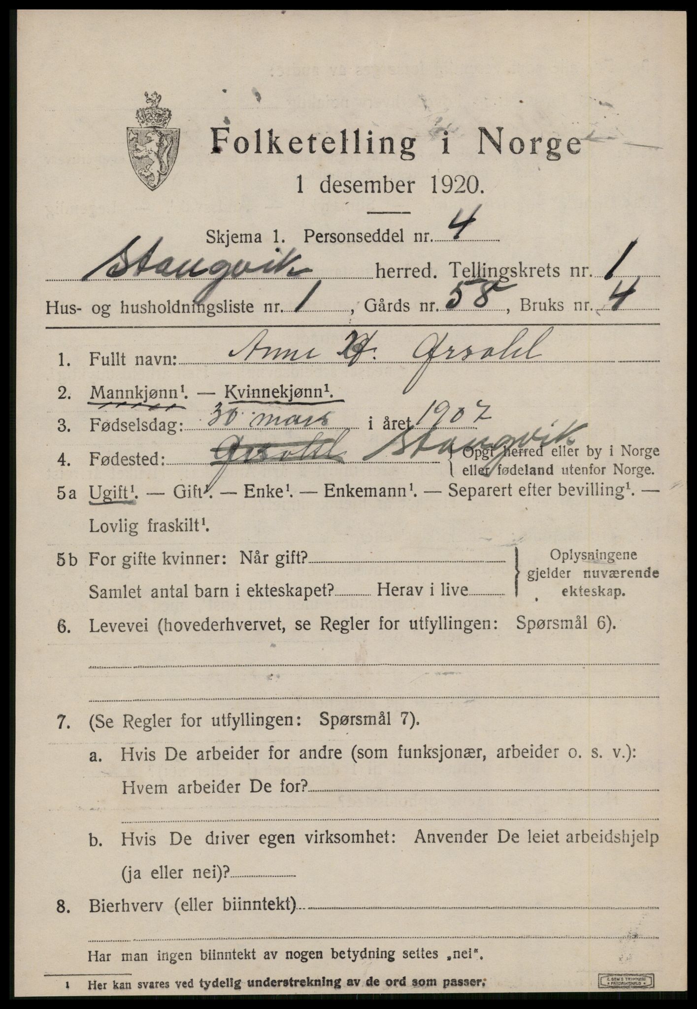 SAT, 1920 census for Stangvik, 1920, p. 774