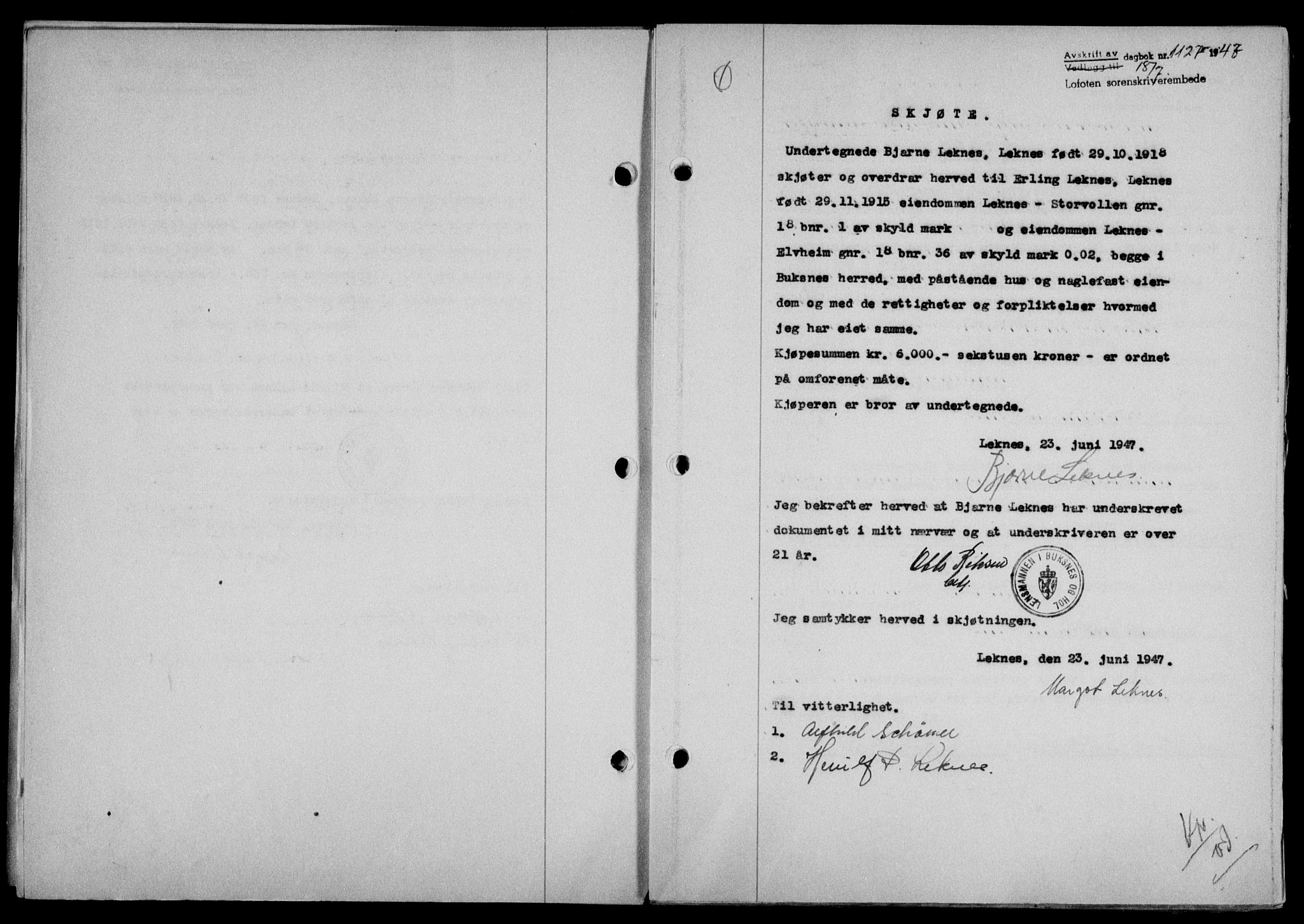 Lofoten sorenskriveri, SAT/A-0017/1/2/2C/L0016a: Mortgage book no. 16a, 1947-1947, Diary no: : 1127/1947