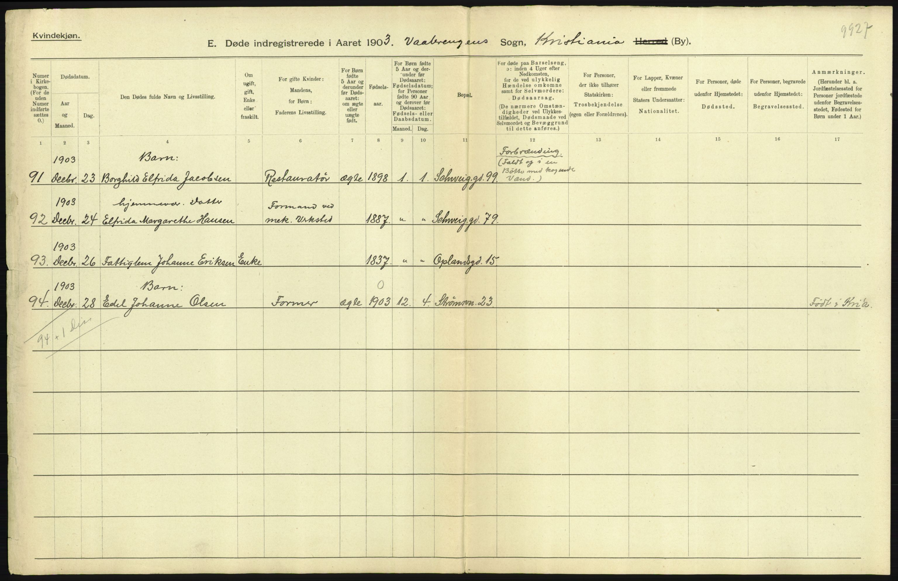 Statistisk sentralbyrå, Sosiodemografiske emner, Befolkning, AV/RA-S-2228/D/Df/Dfa/Dfaa/L0004: Kristiania: Gifte, døde, 1903, p. 413