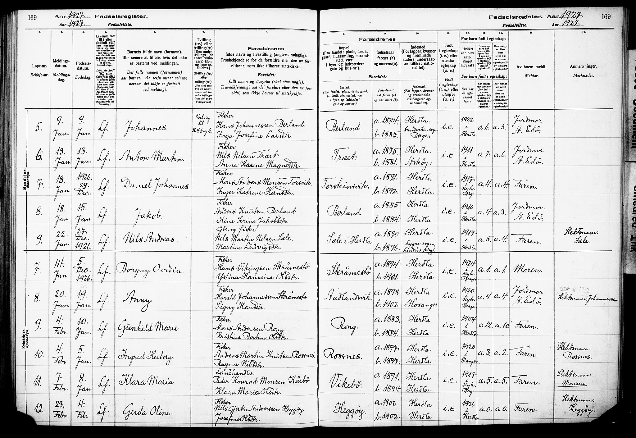 Herdla Sokneprestembete, AV/SAB-A-75701/I/Id/L00A1: Birth register no. A 1, 1916-1929, p. 169