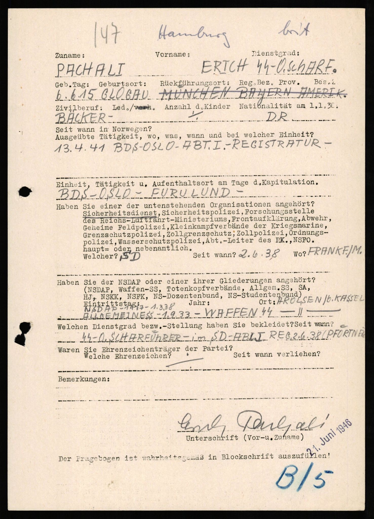 Forsvaret, Forsvarets overkommando II, AV/RA-RAFA-3915/D/Db/L0025: CI Questionaires. Tyske okkupasjonsstyrker i Norge. Tyskere., 1945-1946, p. 297