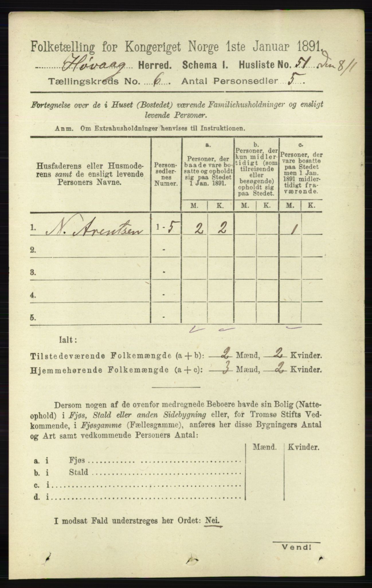 RA, 1891 census for 0927 Høvåg, 1891, p. 2209