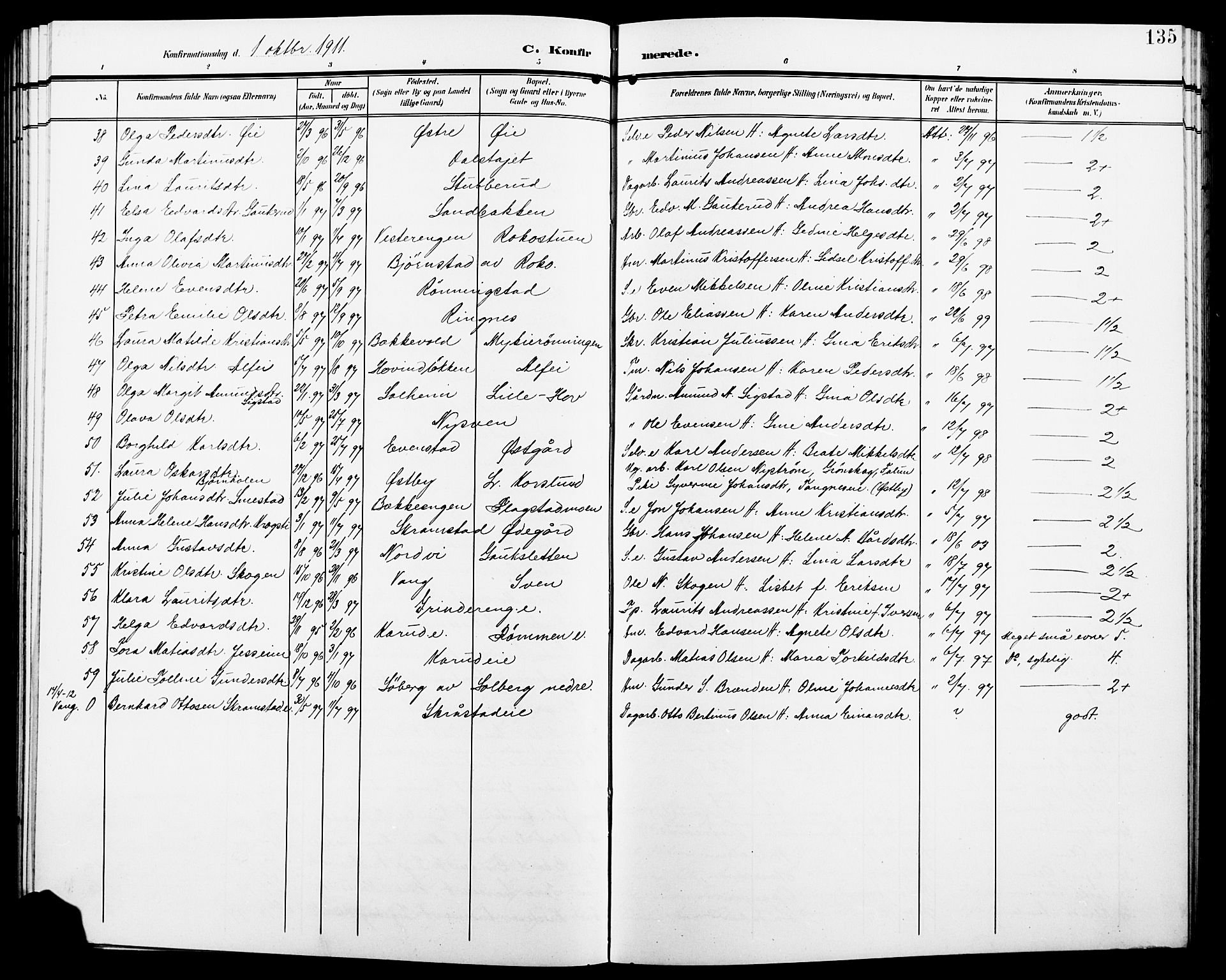 Løten prestekontor, SAH/PREST-022/L/La/L0007: Parish register (copy) no. 7, 1910-1919, p. 135