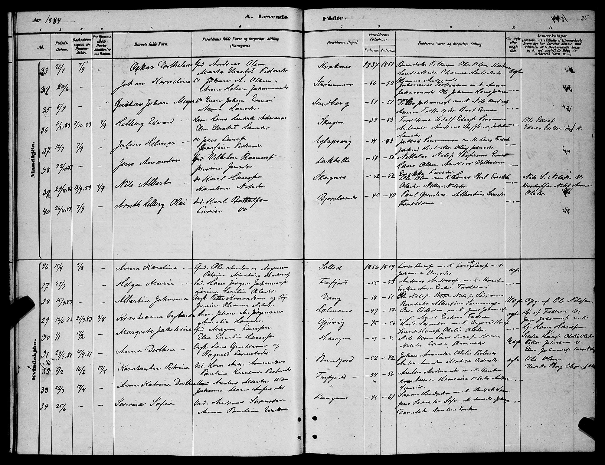 Lenvik sokneprestembete, SATØ/S-1310/H/Ha/Hab/L0006klokker: Parish register (copy) no. 6, 1881-1889, p. 25