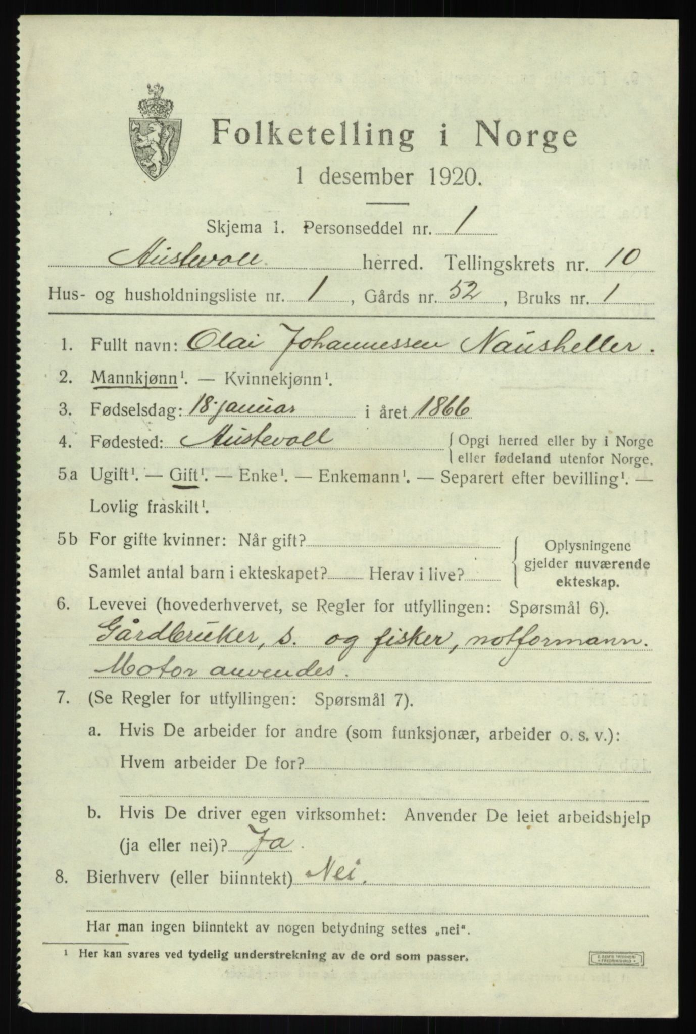 SAB, 1920 census for Austevoll, 1920, p. 5576