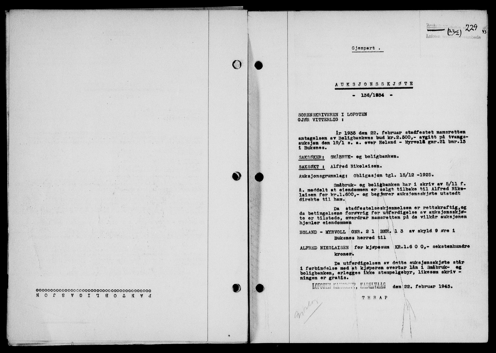 Lofoten sorenskriveri, SAT/A-0017/1/2/2C/L0011a: Mortgage book no. 11a, 1943-1943, Diary no: : 229/1943