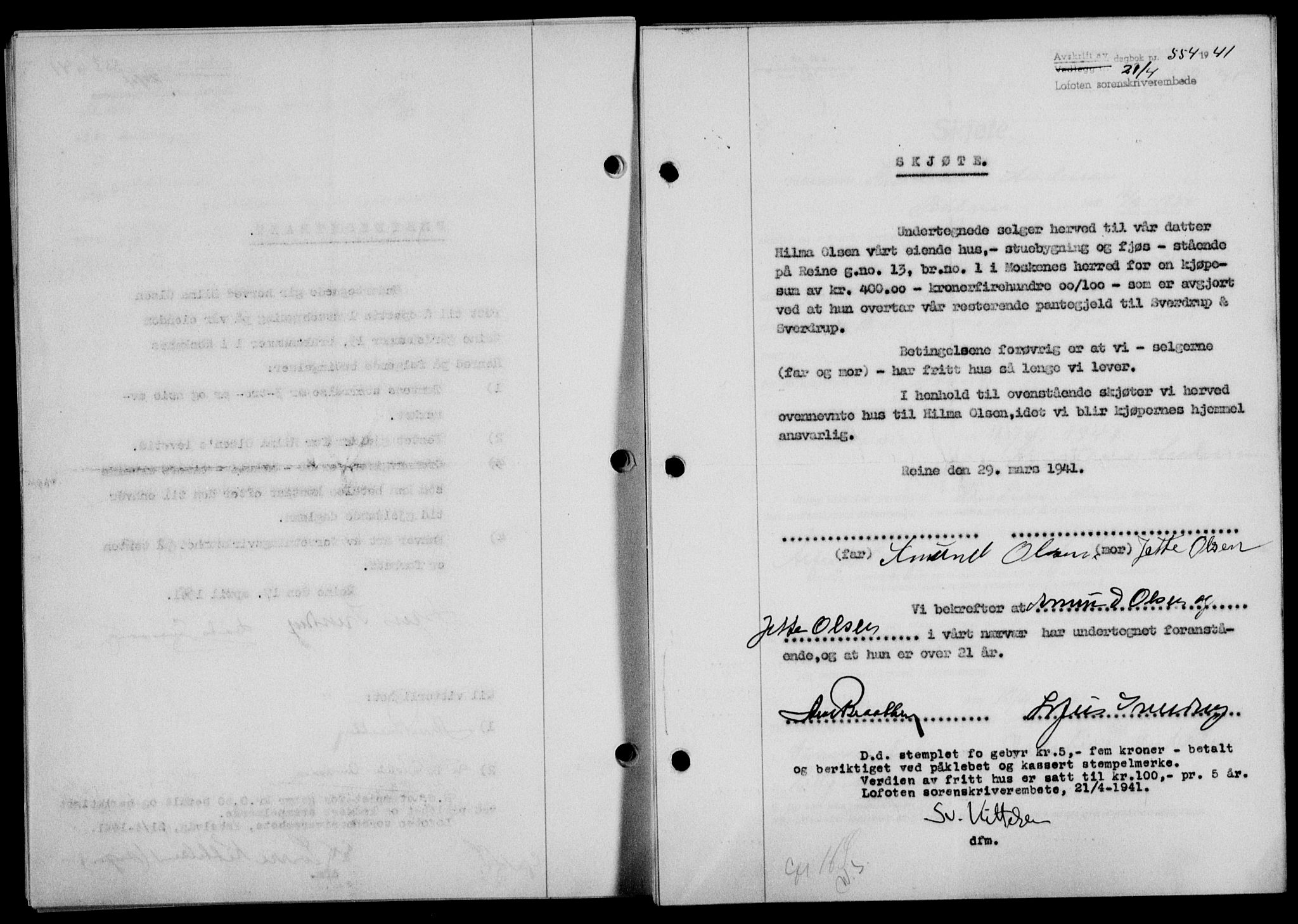 Lofoten sorenskriveri, SAT/A-0017/1/2/2C/L0008a: Mortgage book no. 8a, 1940-1941, Diary no: : 554/1941