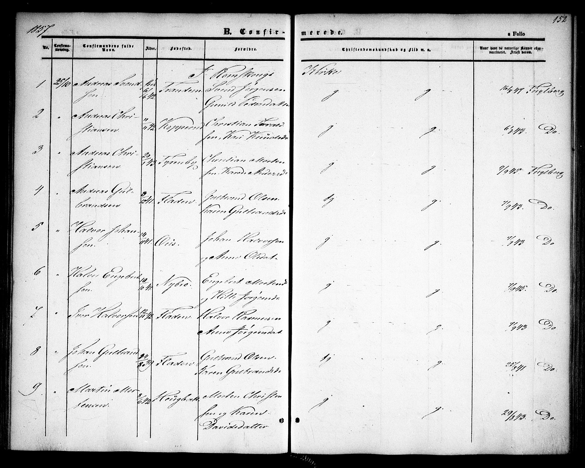 Rødenes prestekontor Kirkebøker, AV/SAO-A-2005/F/Fa/L0006: Parish register (official) no. I 6, 1850-1859, p. 152