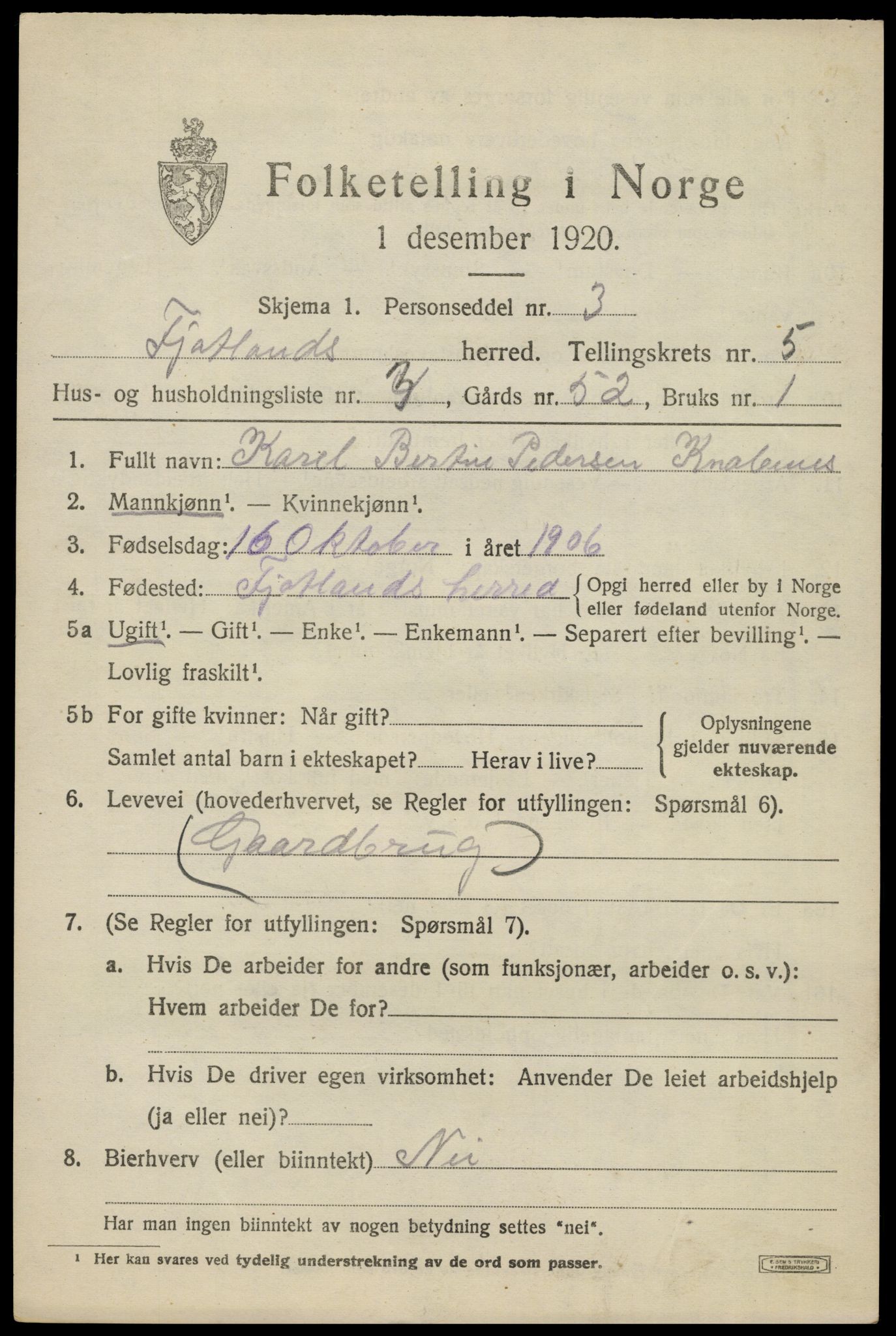 SAK, 1920 census for Fjotland, 1920, p. 1552