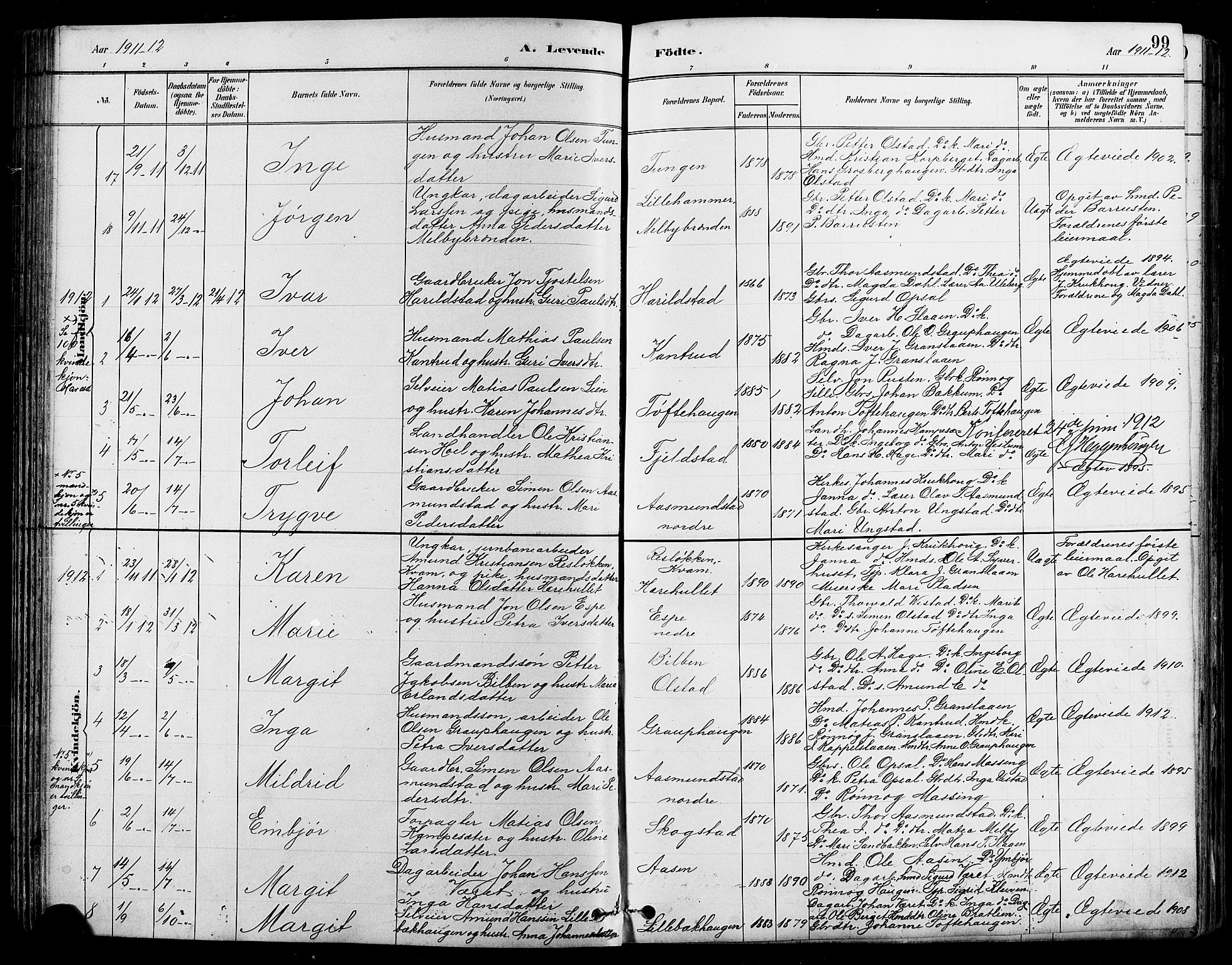 Nord-Fron prestekontor, SAH/PREST-080/H/Ha/Hab/L0005: Parish register (copy) no. 5, 1884-1914, p. 99