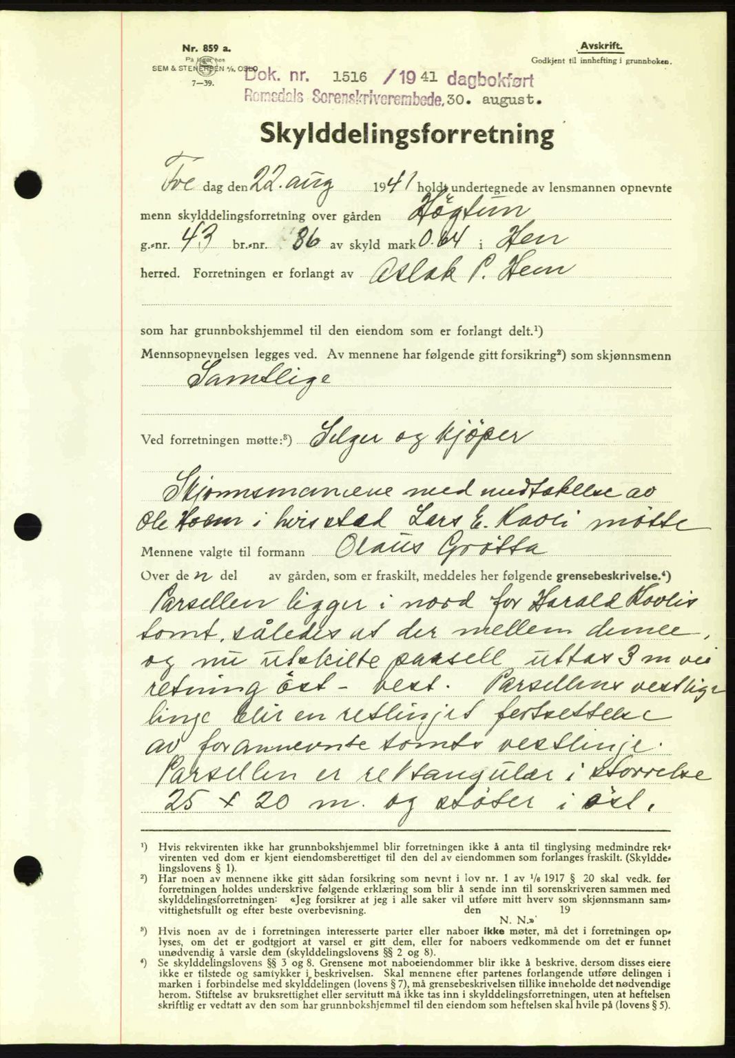 Romsdal sorenskriveri, AV/SAT-A-4149/1/2/2C: Mortgage book no. A10, 1941-1941, Diary no: : 1516/1941