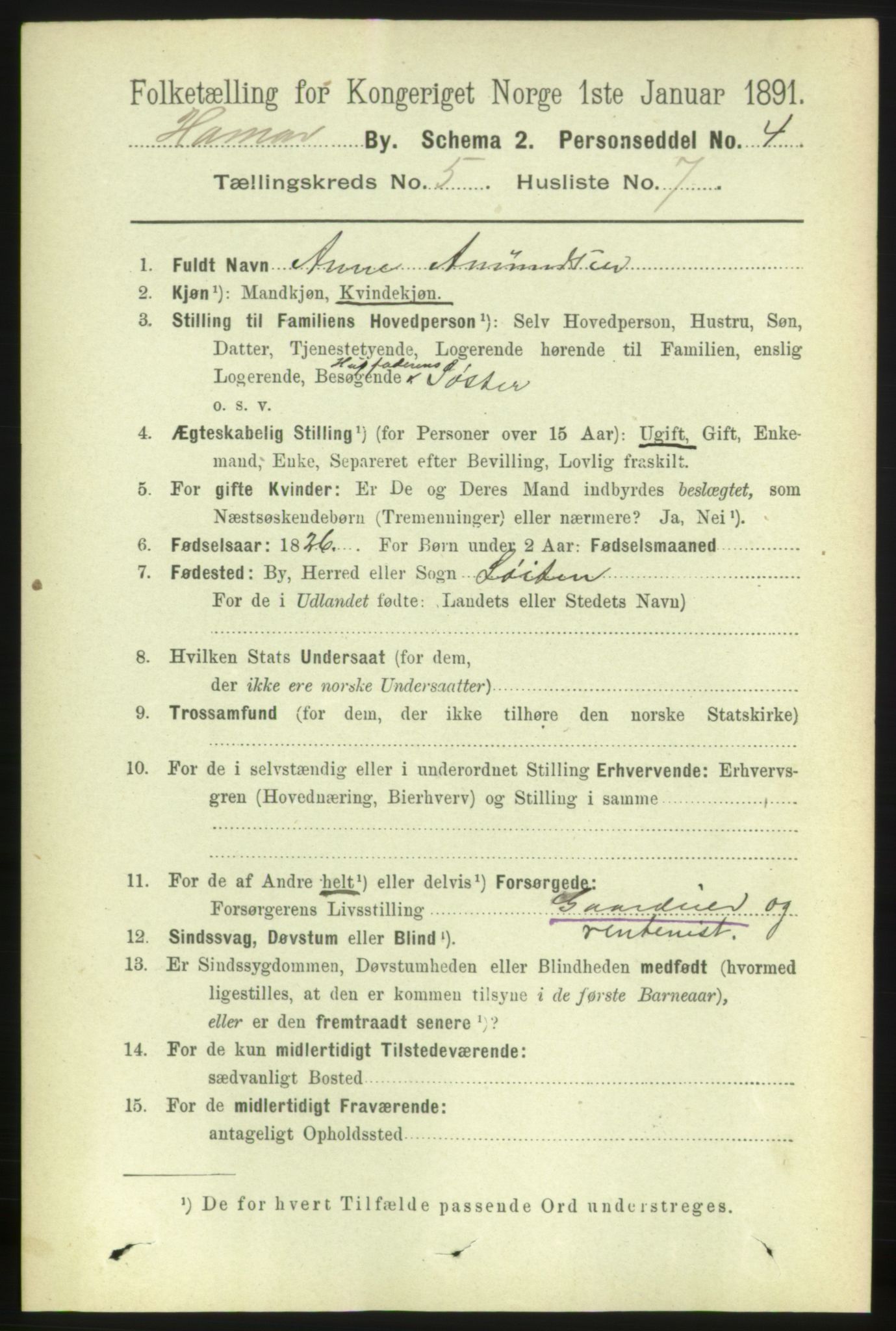 RA, 1891 census for 0401 Hamar, 1891, p. 3766