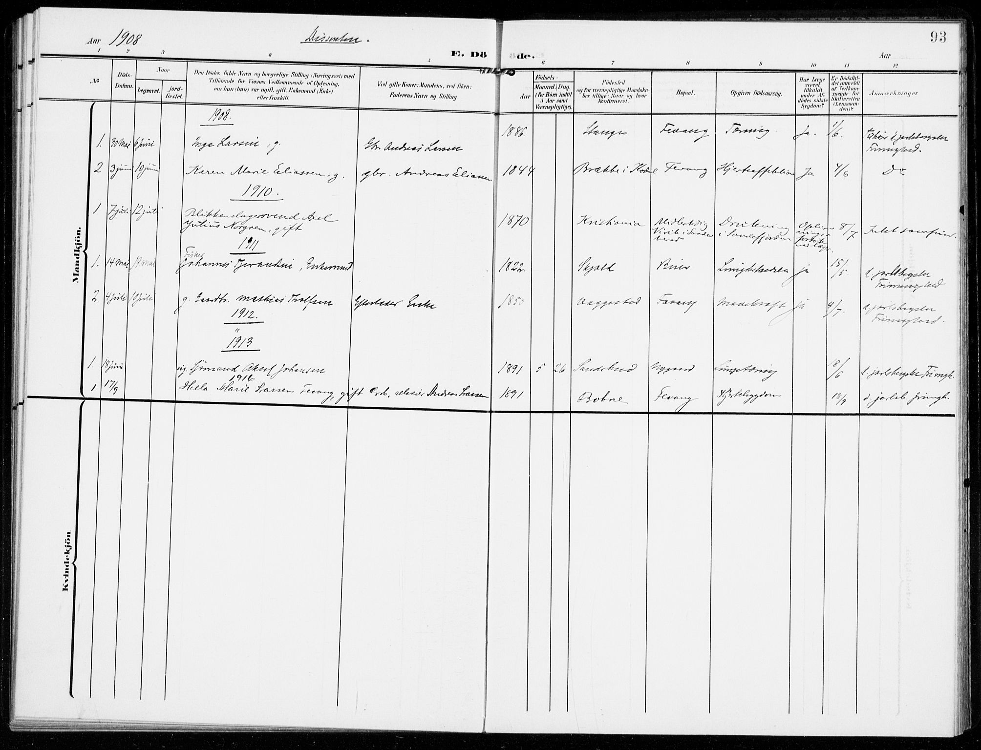 Sandar kirkebøker, SAKO/A-243/F/Fa/L0019: Parish register (official) no. 19, 1908-1914, p. 93