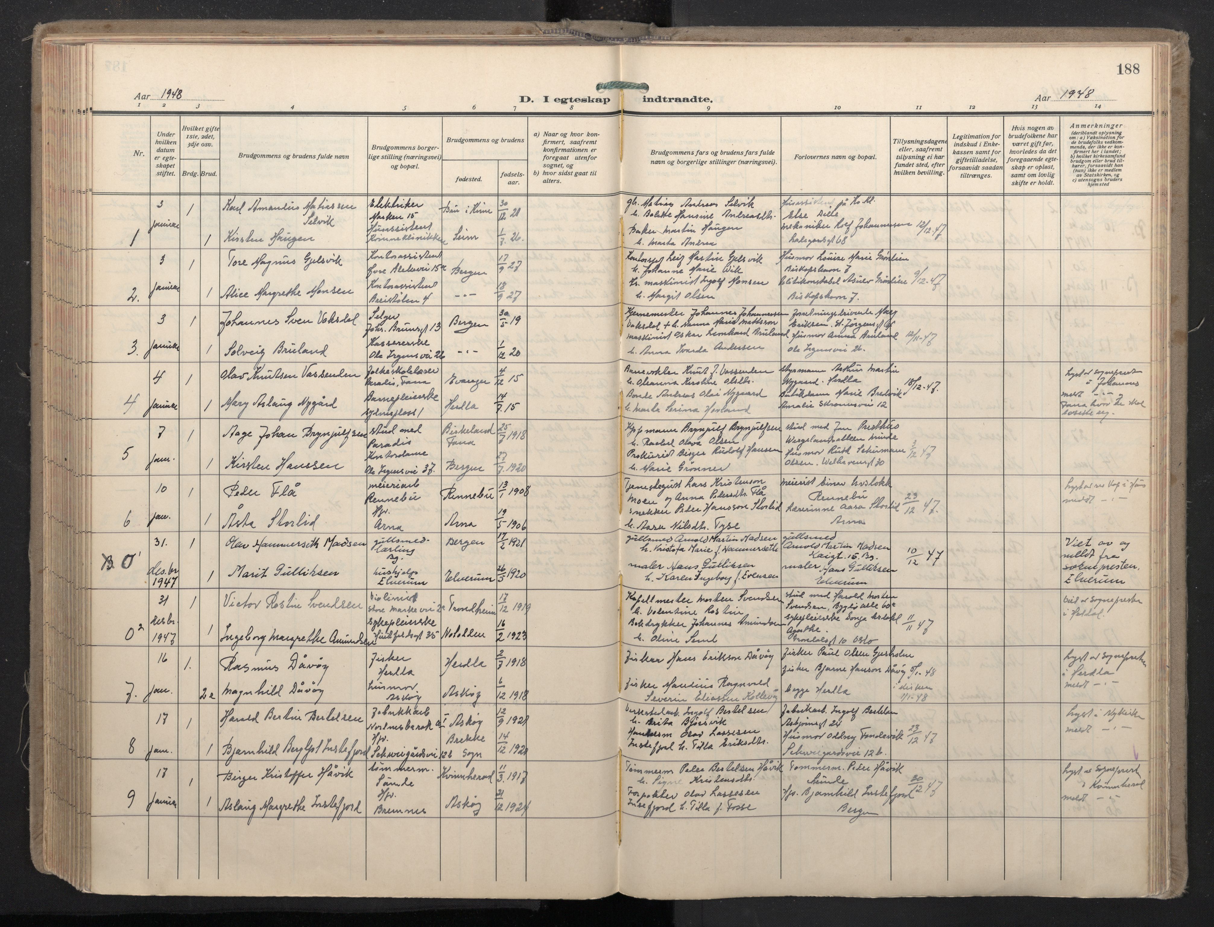Domkirken sokneprestembete, SAB/A-74801/H/Haa: Parish register (official) no. D 7, 1937-1950, p. 187b-188a