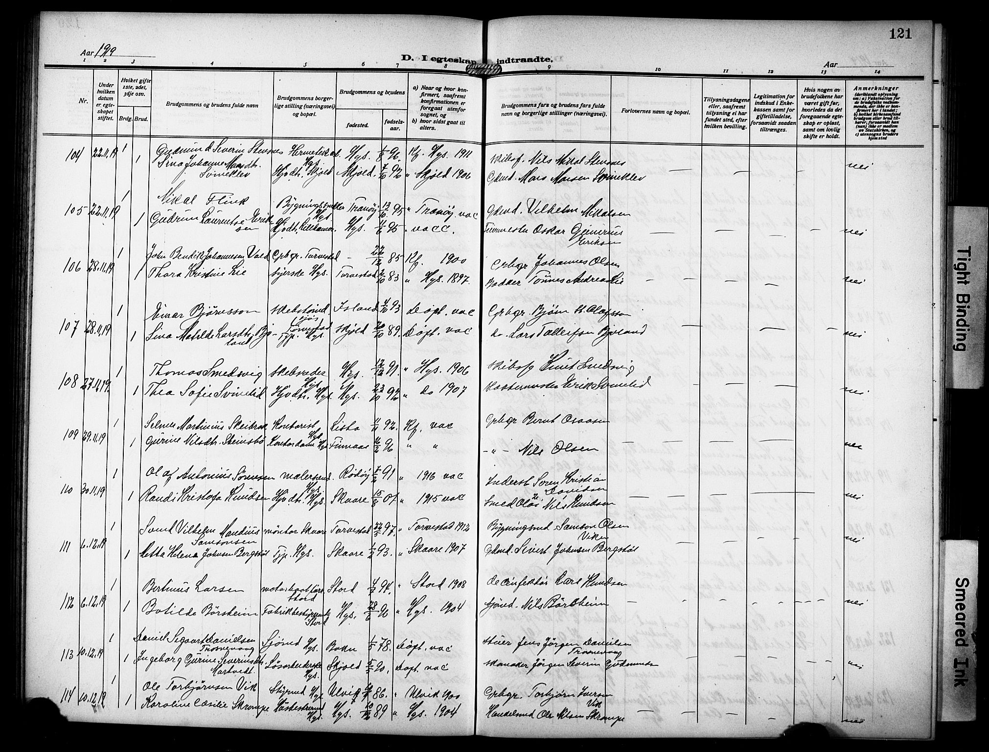 Haugesund sokneprestkontor, AV/SAST-A -101863/H/Ha/Hab/L0008: Parish register (copy) no. B 8, 1909-1921, p. 121