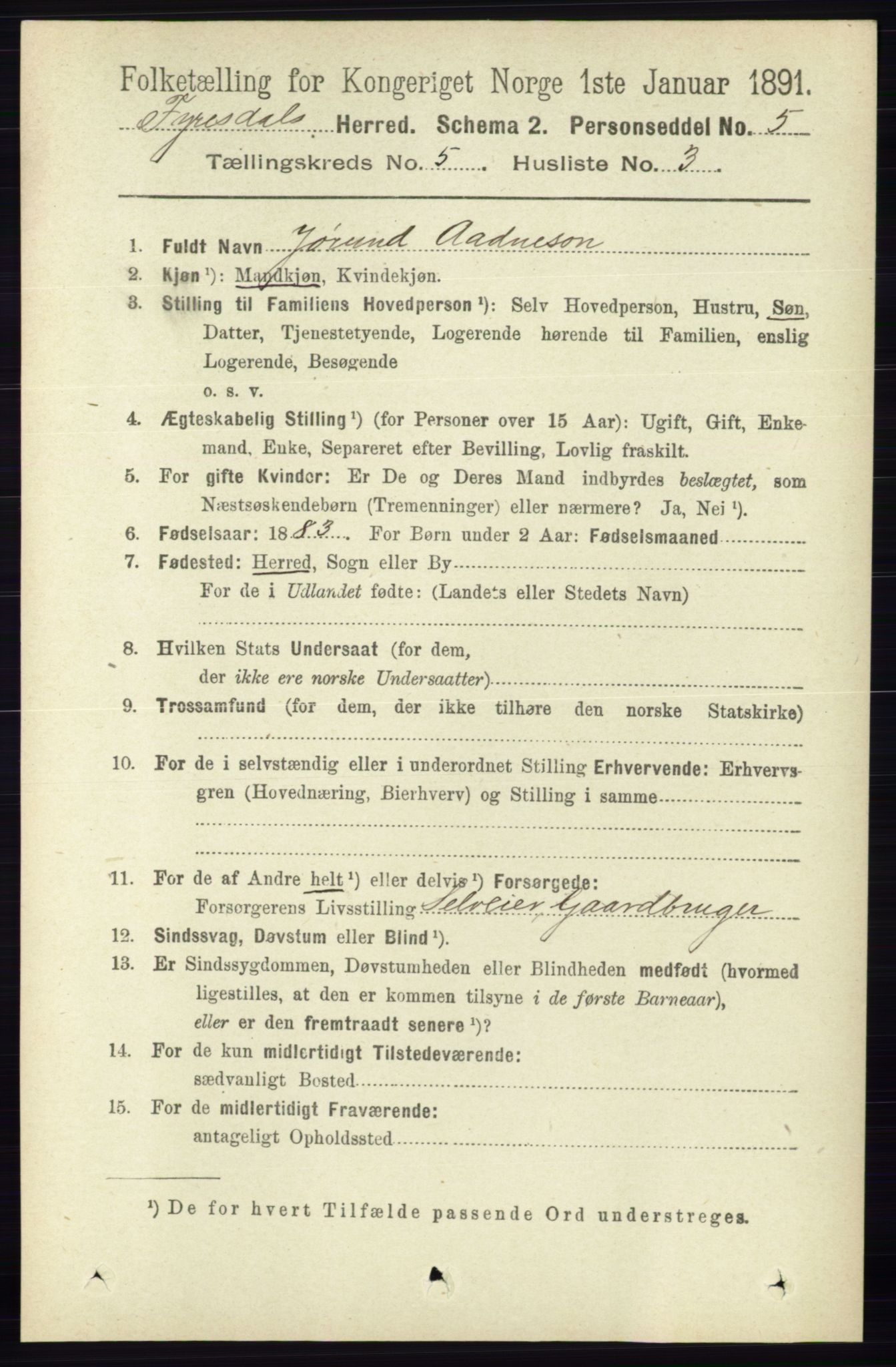 RA, 1891 census for 0831 Fyresdal, 1891, p. 1302