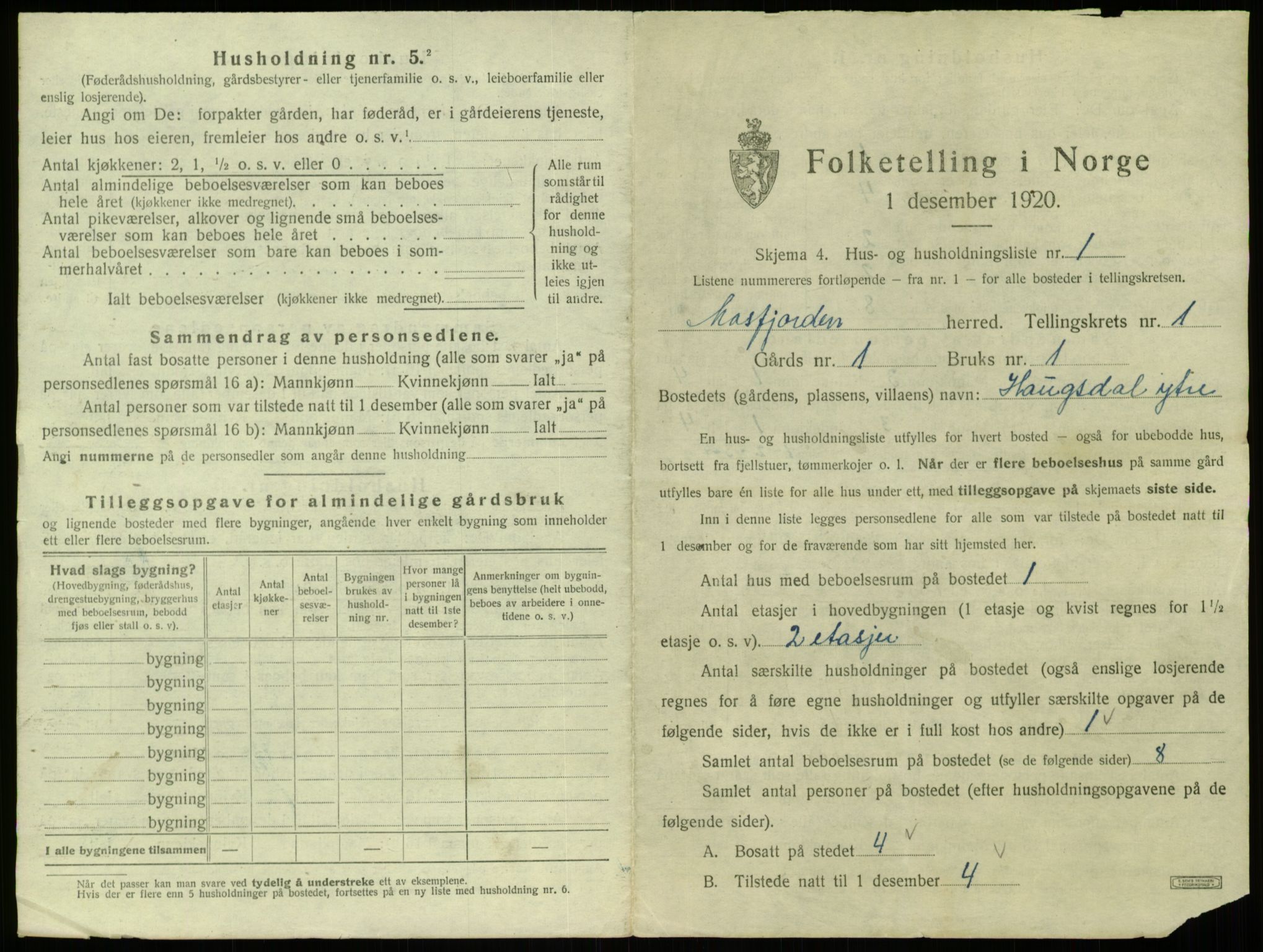 SAB, 1920 census for Masfjorden, 1920, p. 52
