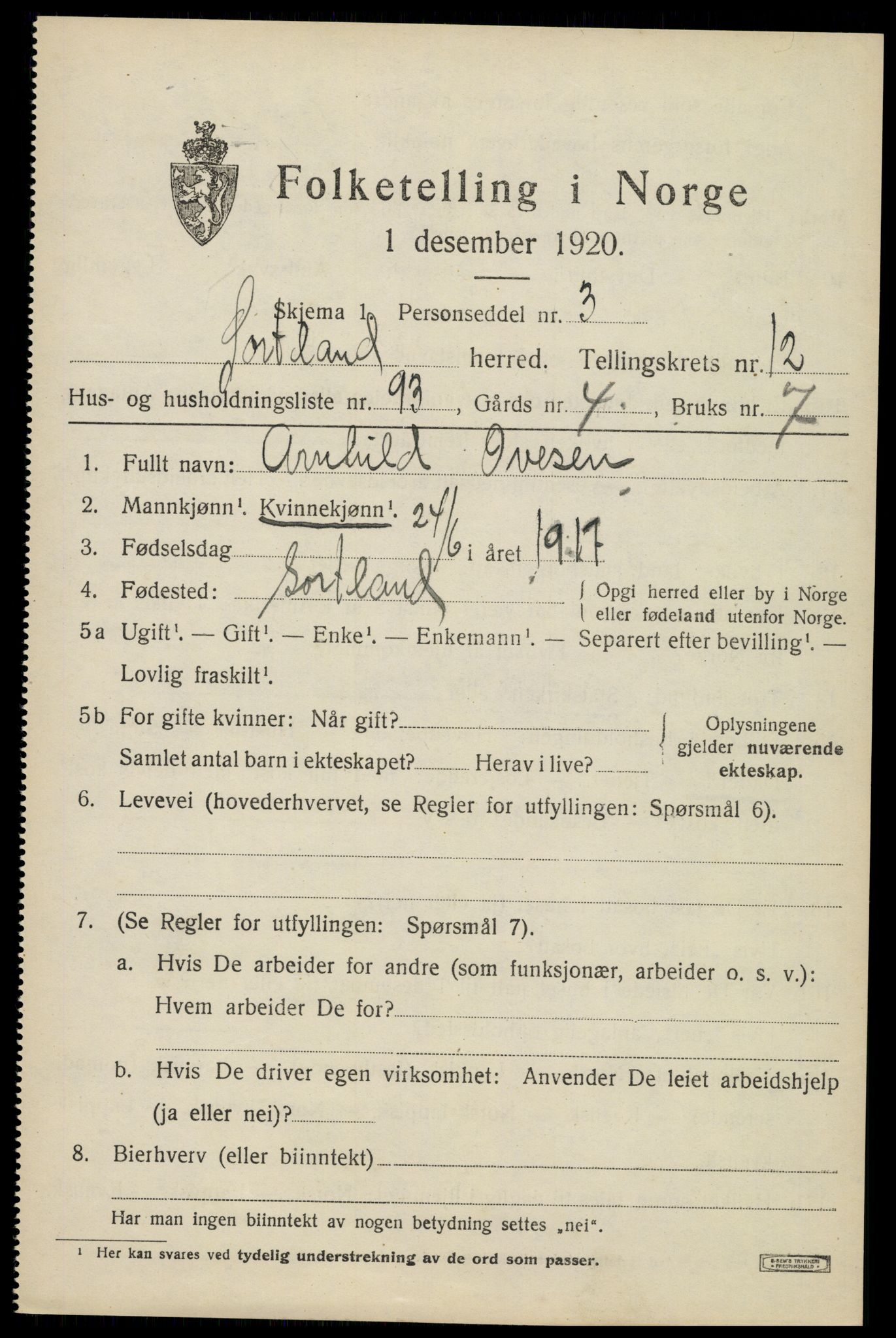 SAT, 1920 census for Sortland, 1920, p. 10240