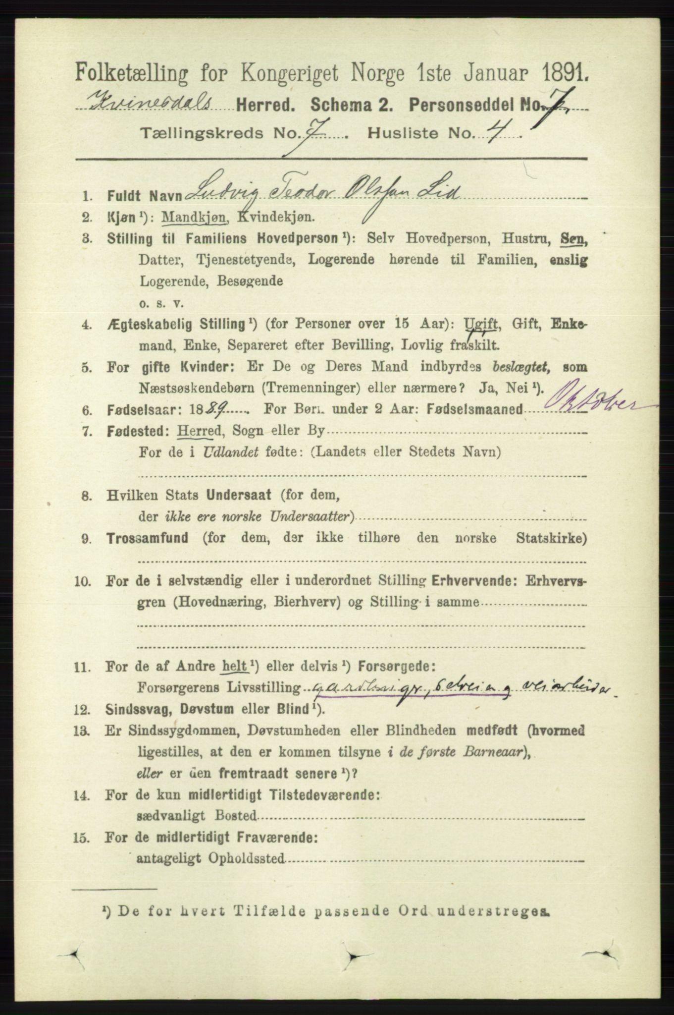 RA, 1891 census for 1037 Kvinesdal, 1891, p. 2445