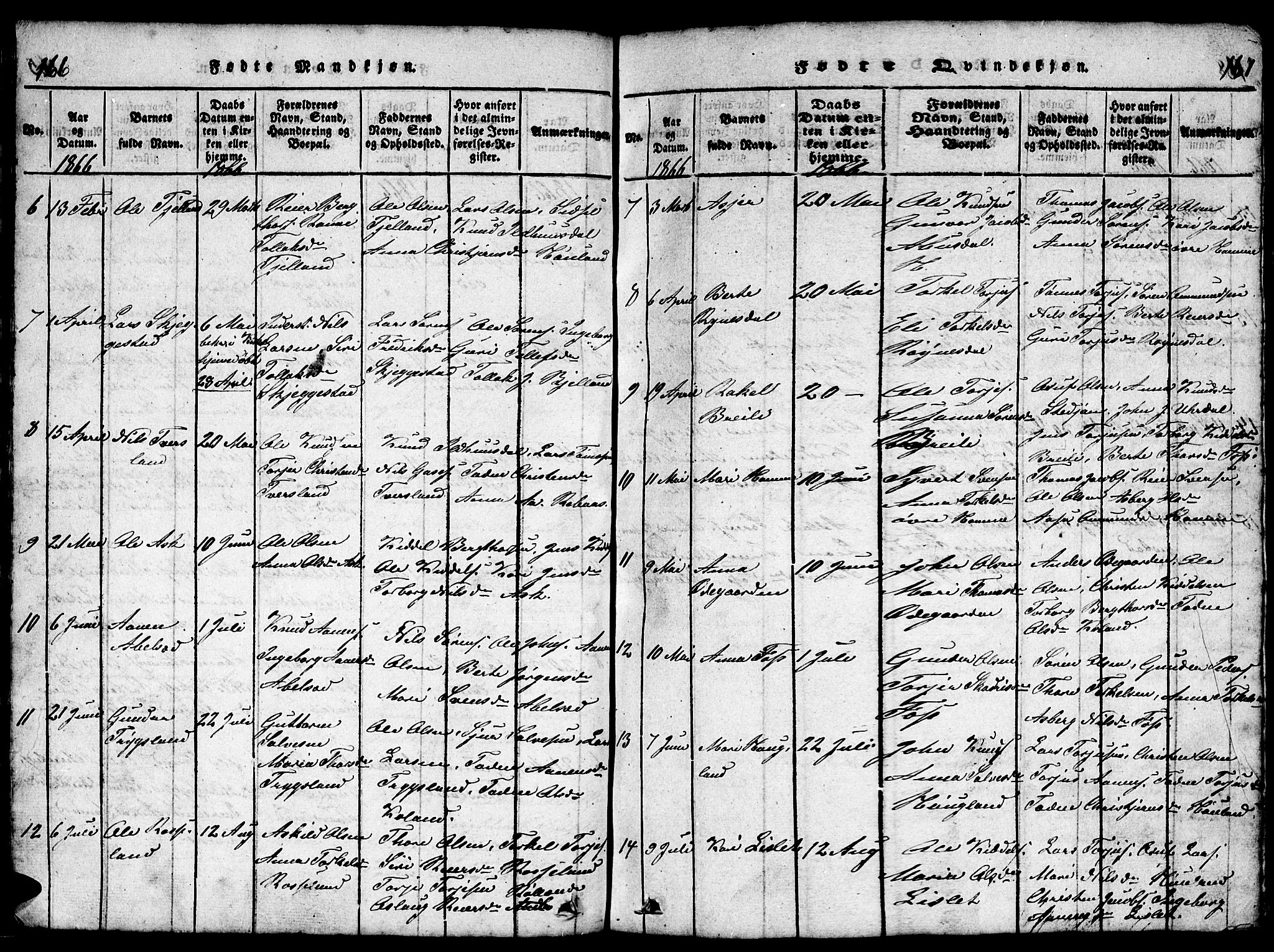 Bjelland sokneprestkontor, AV/SAK-1111-0005/F/Fb/Fba/L0003: Parish register (copy) no. B 3, 1816-1870, p. 166-167