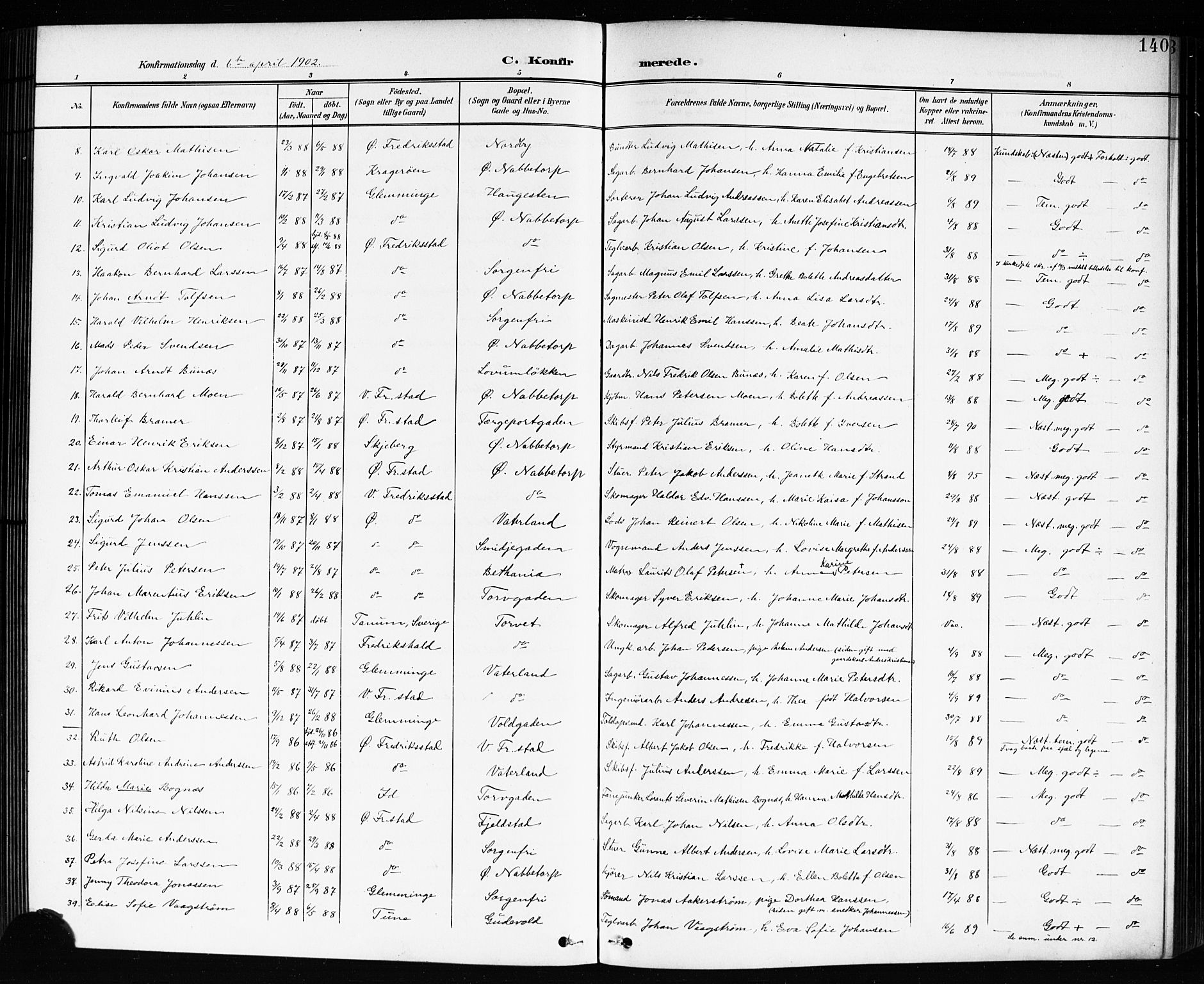 Østre Fredrikstad prestekontor Kirkebøker, SAO/A-10907/G/Ga/L0002: Parish register (copy) no. 2, 1900-1919, p. 140