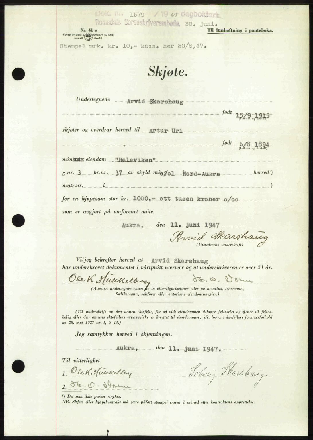 Romsdal sorenskriveri, AV/SAT-A-4149/1/2/2C: Mortgage book no. A23, 1947-1947, Diary no: : 1579/1947