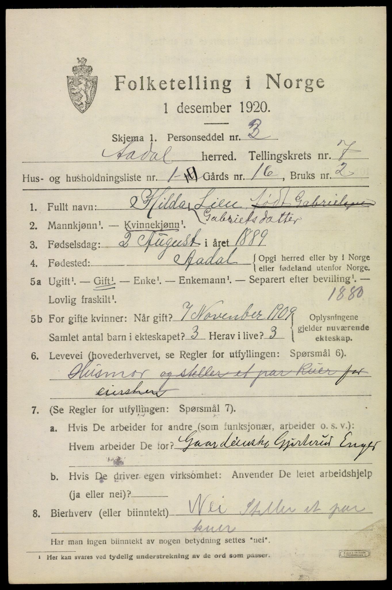 SAKO, 1920 census for Ådal, 1920, p. 4990