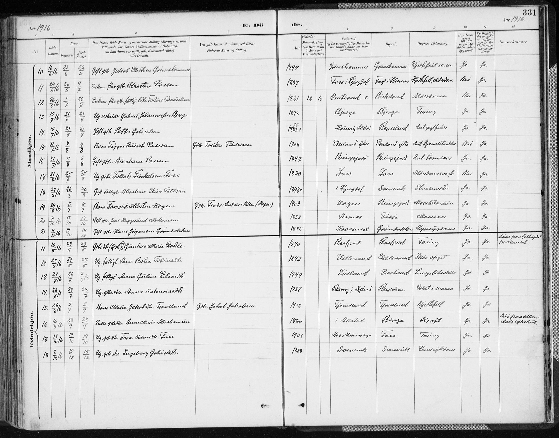 Lyngdal sokneprestkontor, AV/SAK-1111-0029/F/Fa/Fac/L0012: Parish register (official) no. A 12, 1894-1918, p. 331