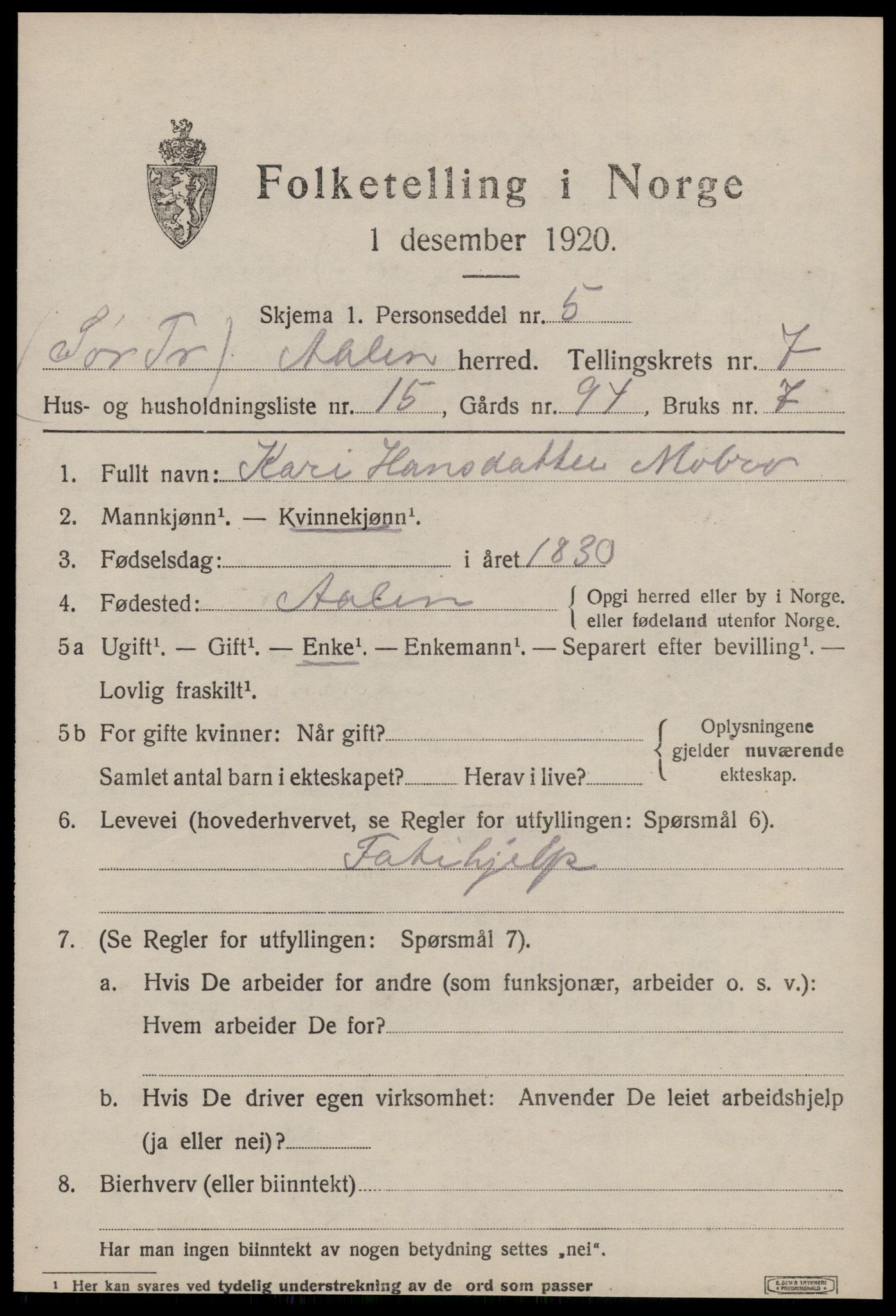 SAT, 1920 census for Ålen, 1920, p. 3592