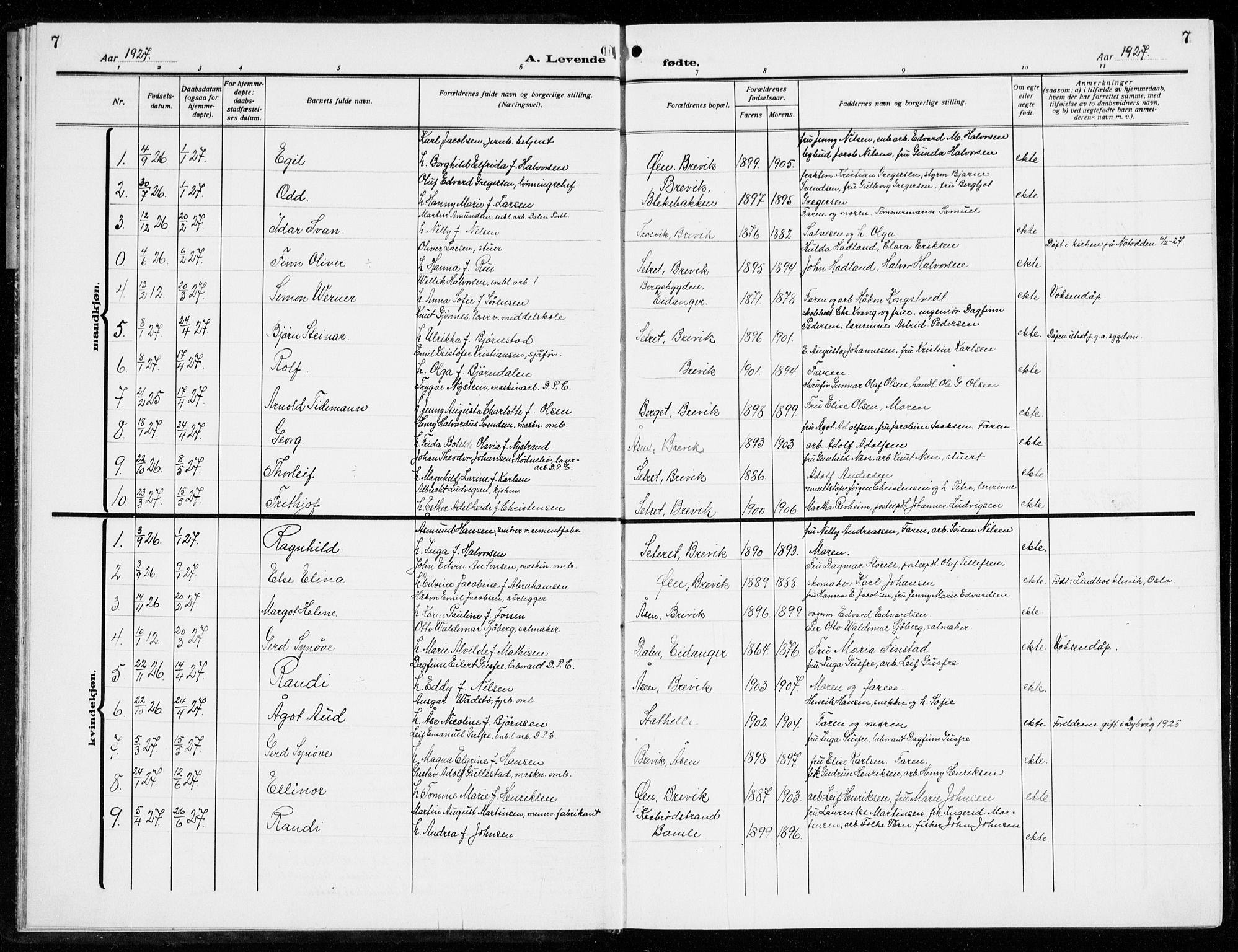 Brevik kirkebøker, SAKO/A-255/G/Ga/L0006: Parish register (copy) no. 6, 1922-1940, p. 7
