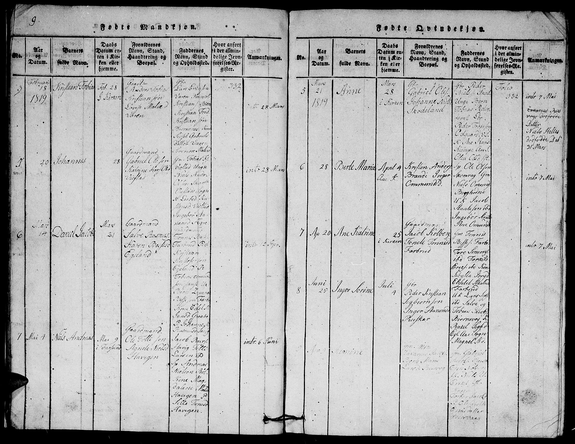 Herad sokneprestkontor, SAK/1111-0018/F/Fb/Fbb/L0001: Parish register (copy) no. B 1, 1815-1852, p. 9