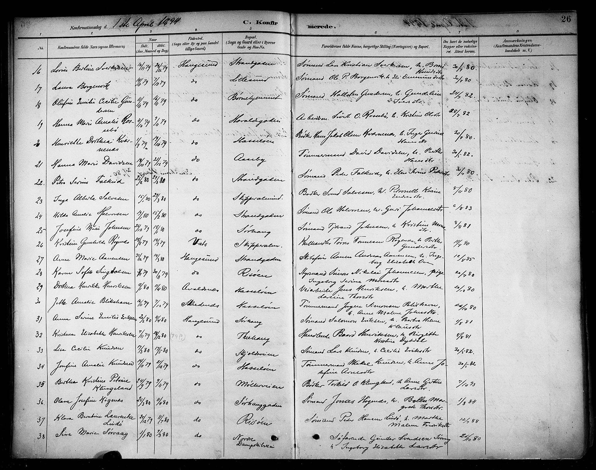 Haugesund sokneprestkontor, AV/SAST-A -101863/H/Ha/Haa/L0005: Parish register (official) no. A 5, 1891-1903, p. 26