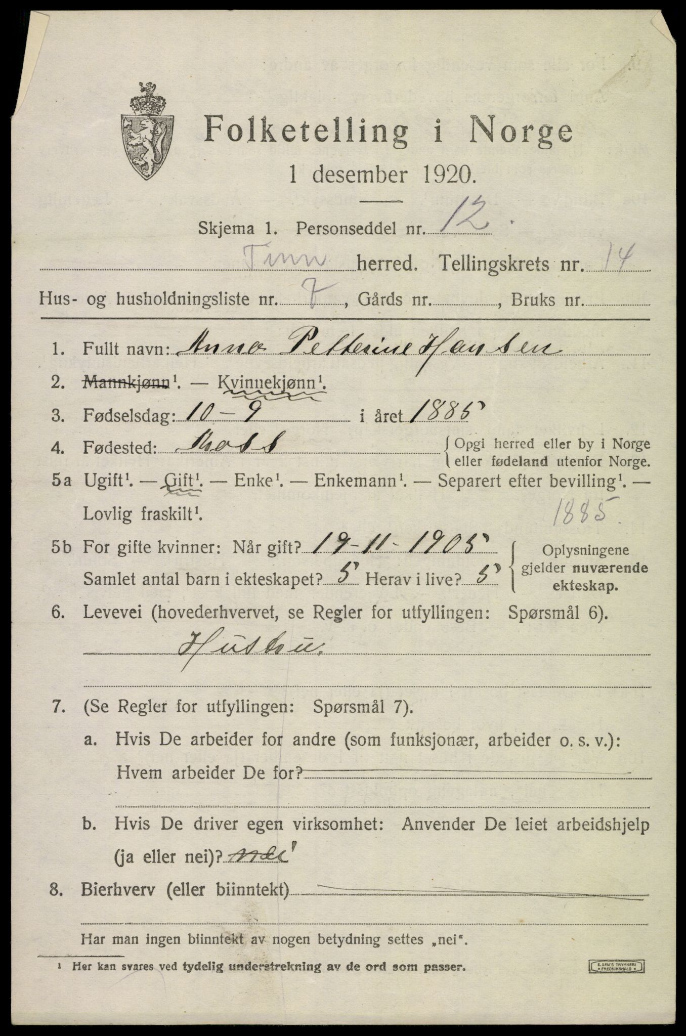 SAKO, 1920 census for Tinn, 1920, p. 8836